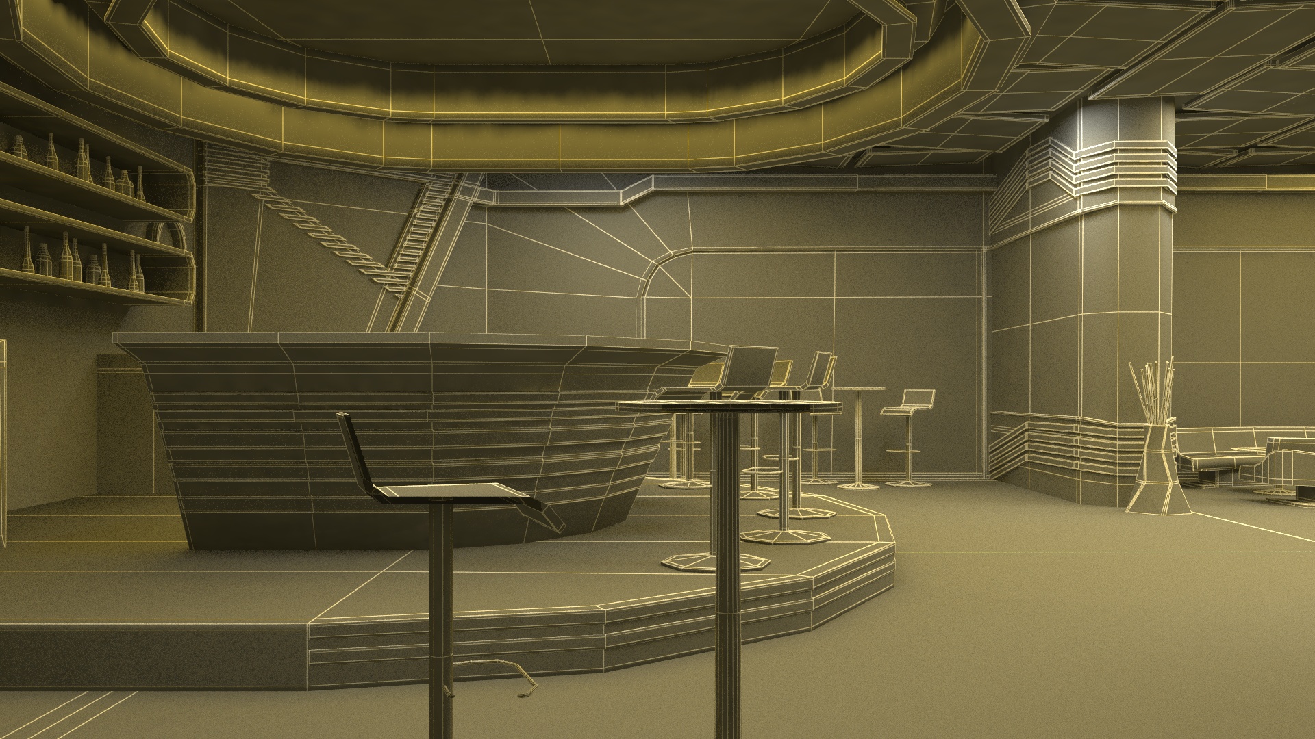 3D model Fantastic Cafe Interior Yellow Lights On