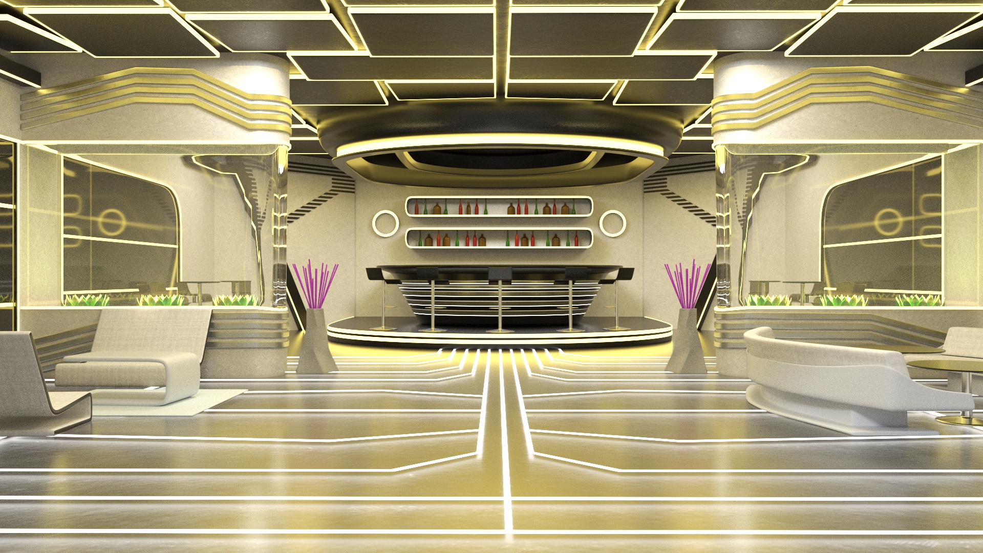 3D model Fantastic Cafe Interior Yellow Lights On