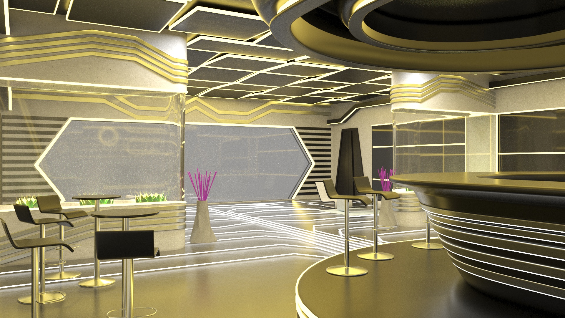 3D model Fantastic Cafe Interior Yellow Lights On