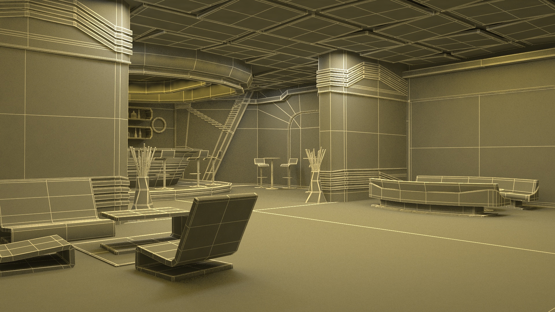 3D model Fantastic Cafe Interior Yellow Lights On