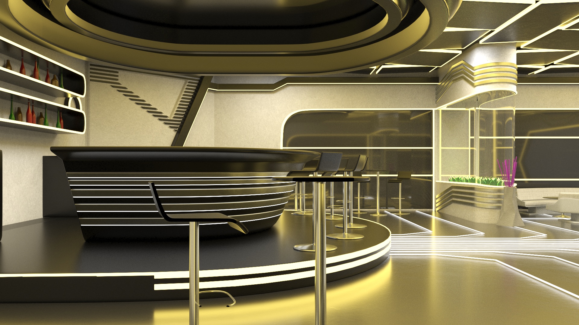 3D model Fantastic Cafe Interior Yellow Lights On