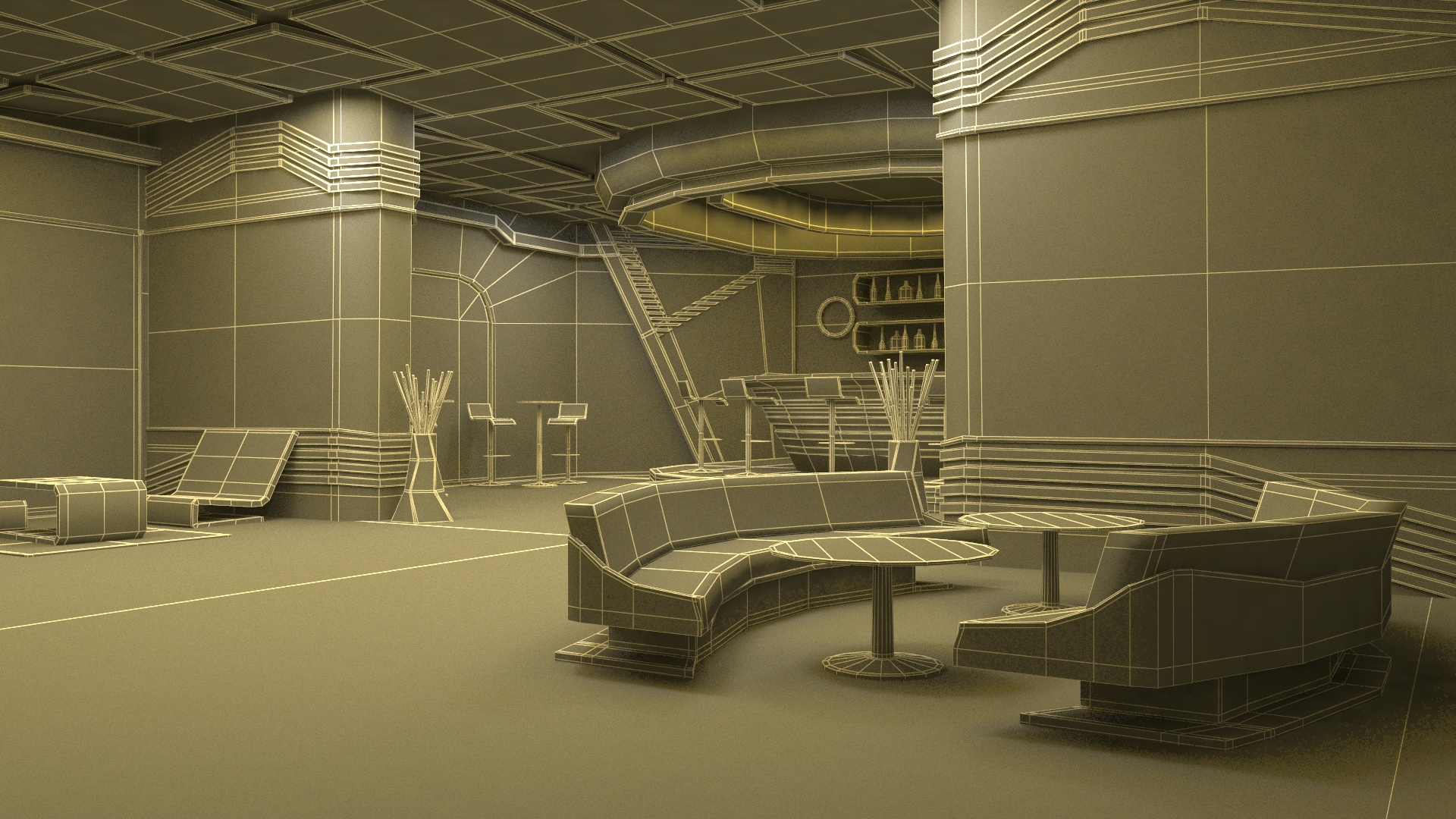 3D model Fantastic Cafe Interior Yellow Lights On