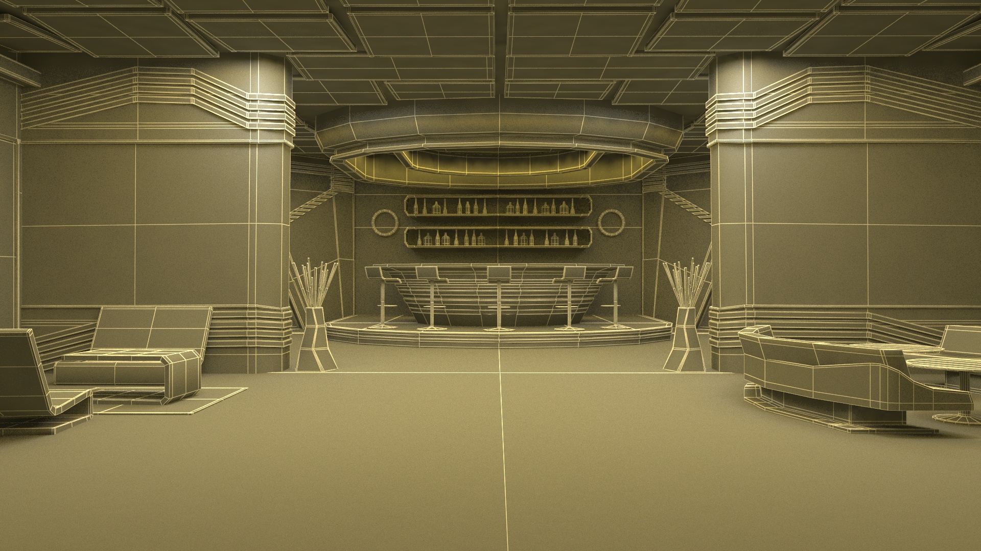 3D model Fantastic Cafe Interior Yellow Lights On