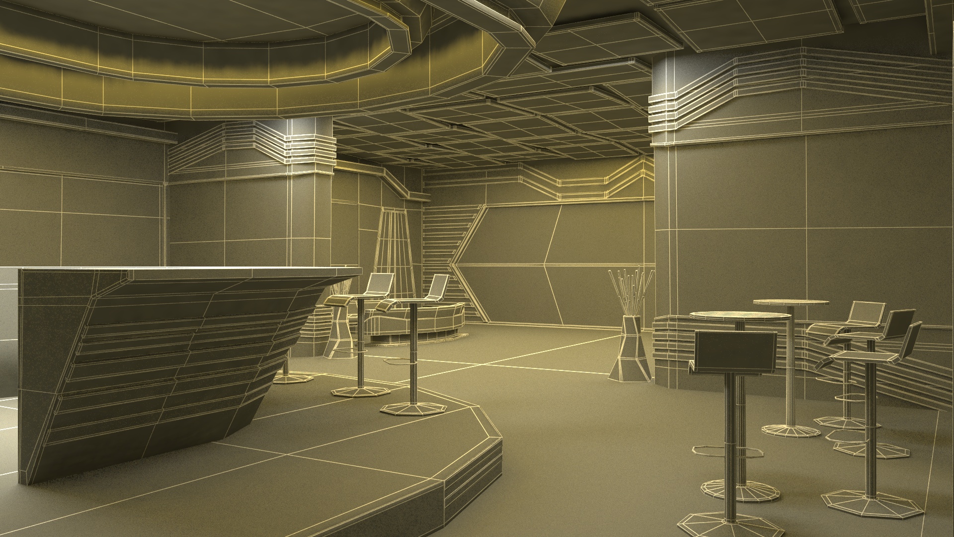 3D model Fantastic Cafe Interior Yellow Lights On