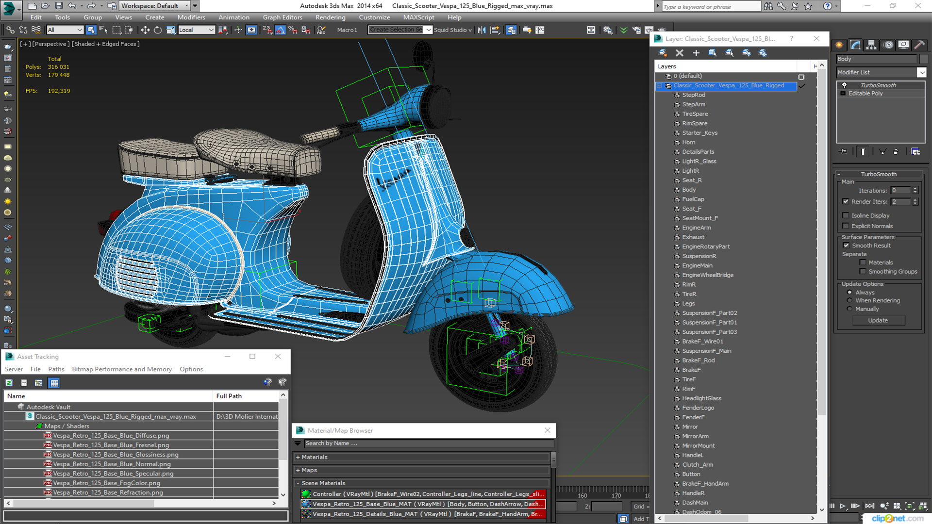 Classic Scooter Vespa 125 Blue Rigged 3D