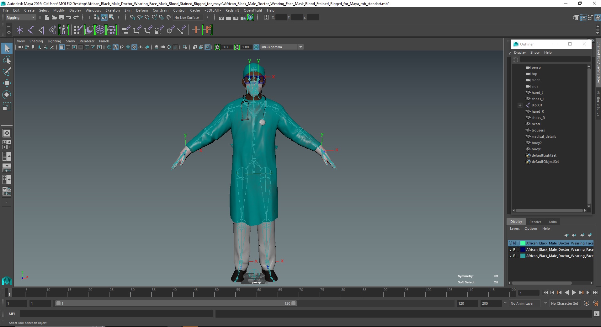 3D African Black Male Doctor Wearing Face Mask Blood Stained Rigged for Maya model
