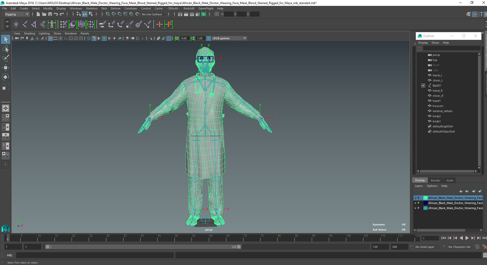 3D African Black Male Doctor Wearing Face Mask Blood Stained Rigged for Maya model