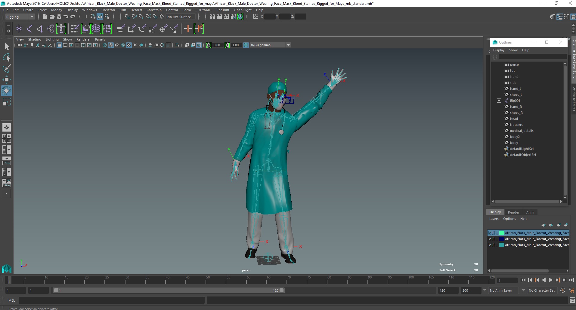 3D African Black Male Doctor Wearing Face Mask Blood Stained Rigged for Maya model