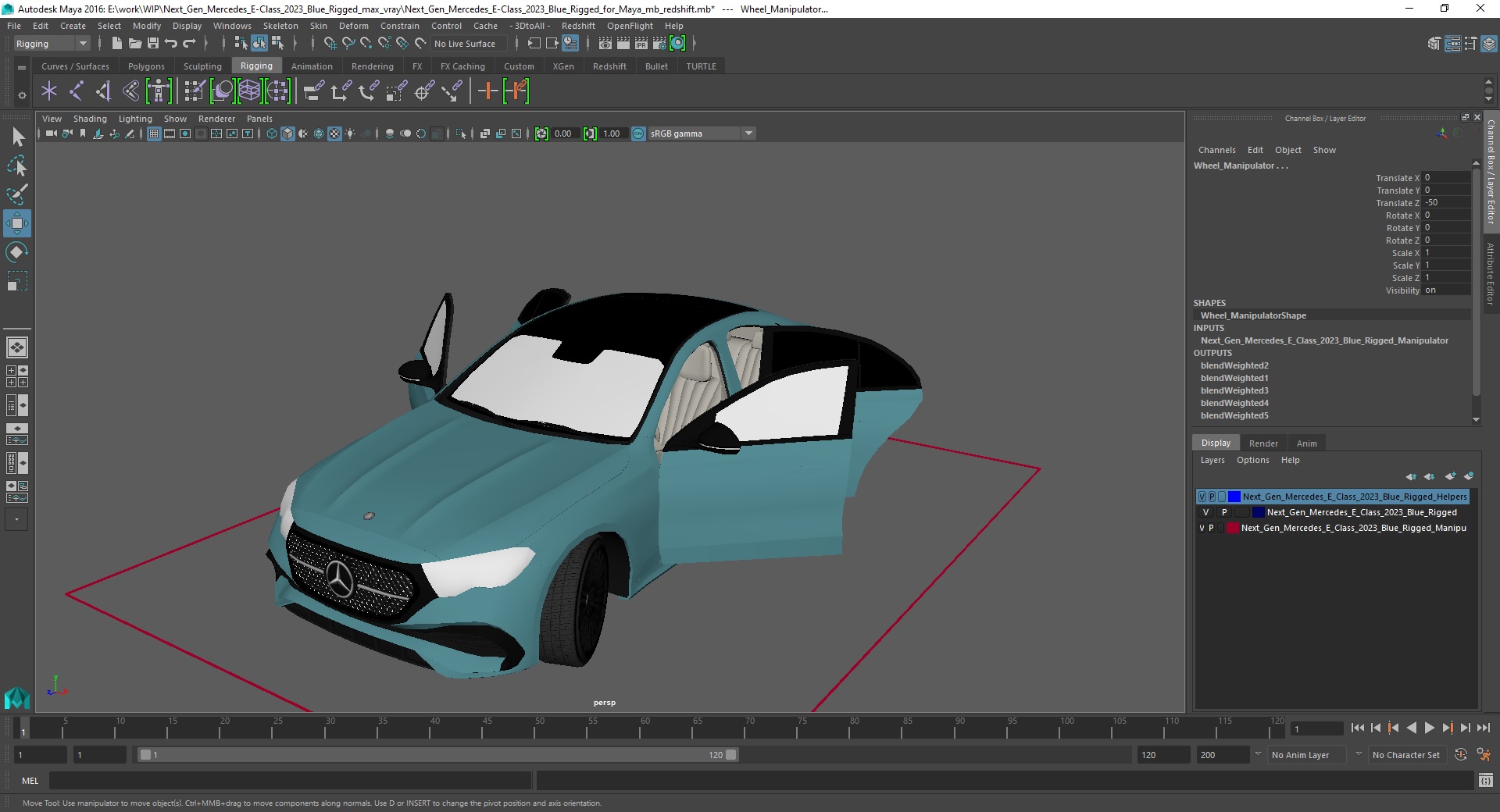 3D Next Gen Mercedes E-Class 2023 Blue Rigged for Maya
