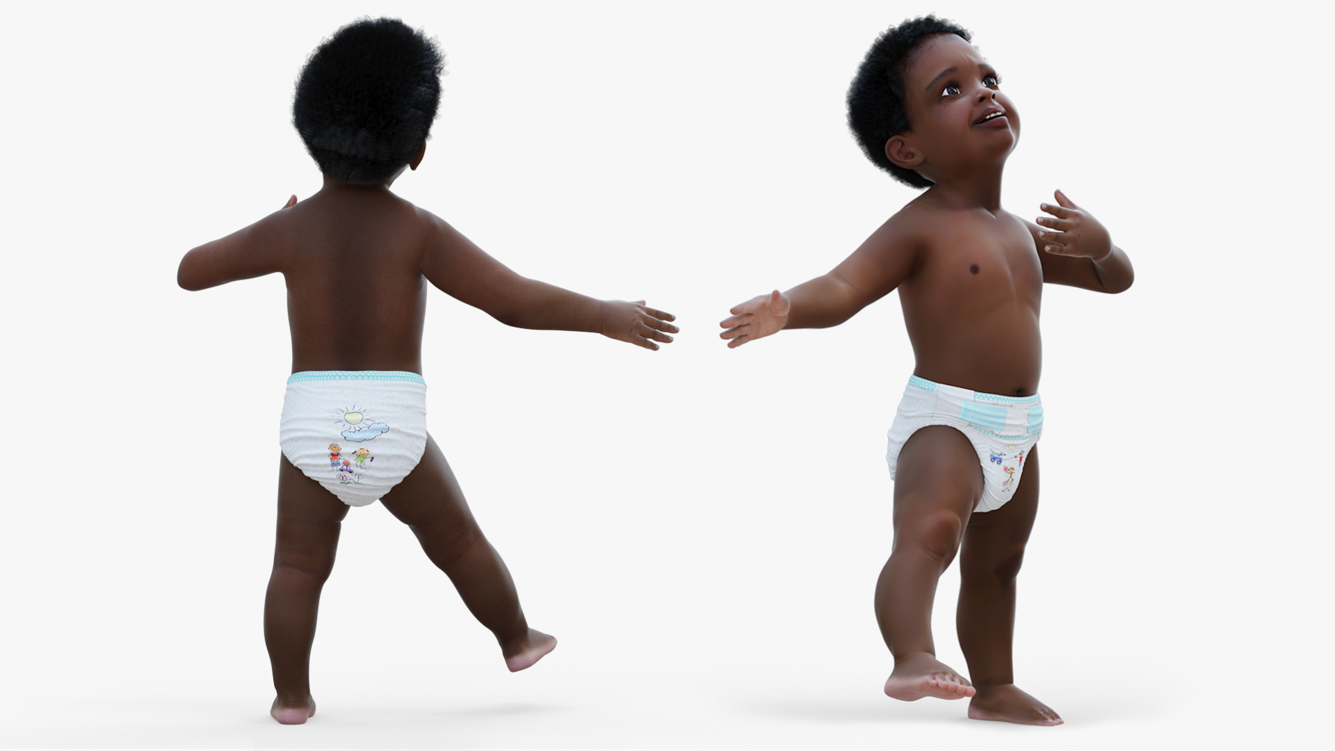 One Year Old Black Boy in Diaper Rigged 3D model