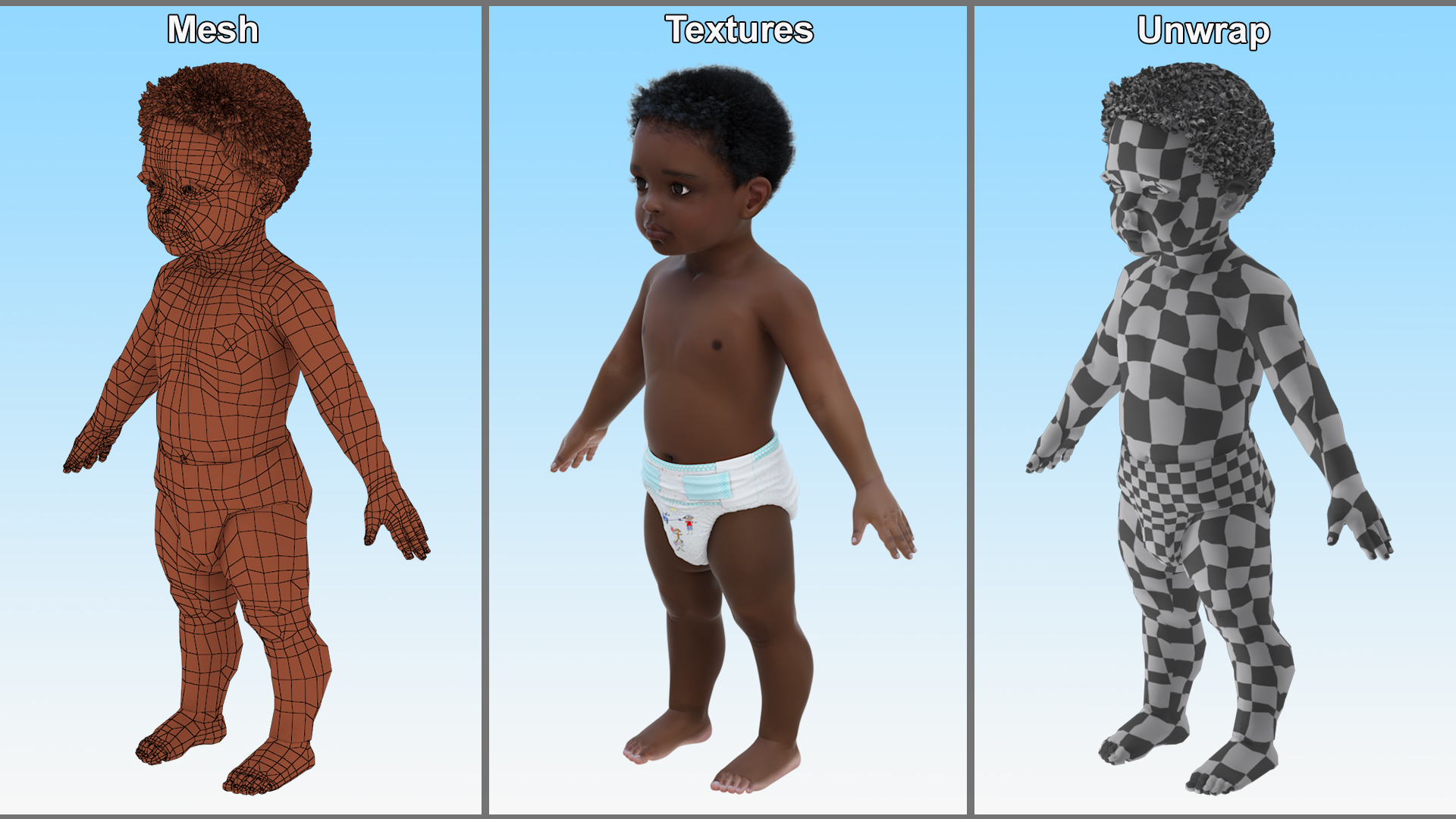 One Year Old Black Boy in Diaper Rigged 3D model