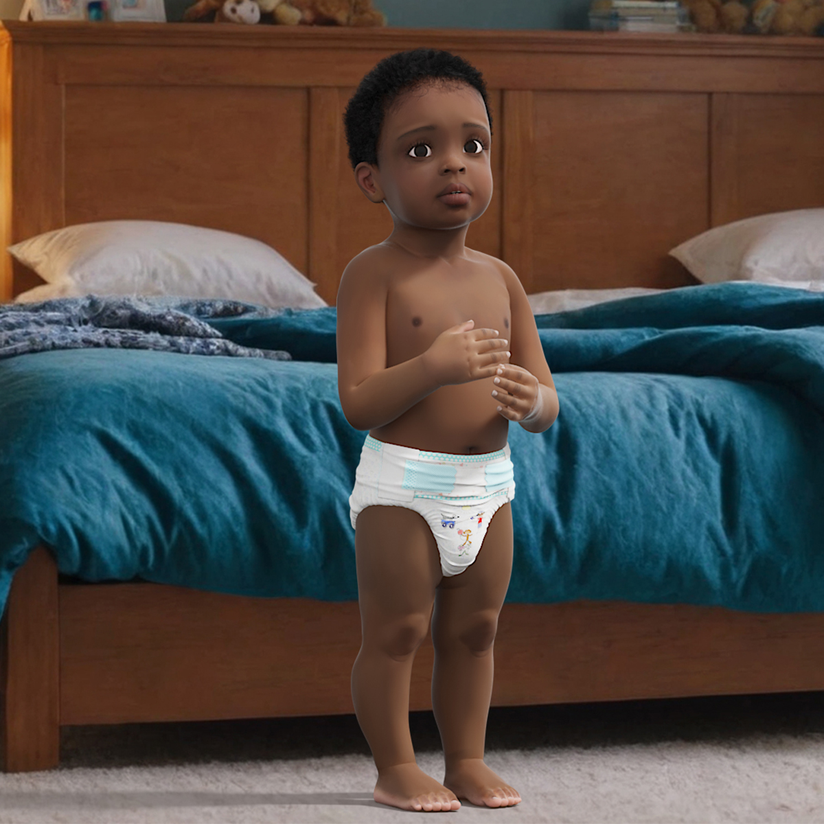 One Year Old Black Boy in Diaper Rigged 3D model