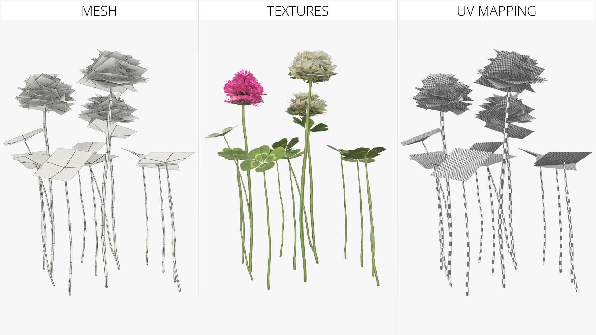 Low Poly Clover Flowers and Leaves Set Green, view 7