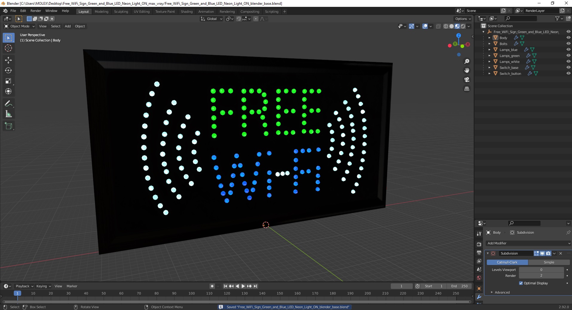 Free WiFi Sign Green and Blue LED Neon Light ON 3D