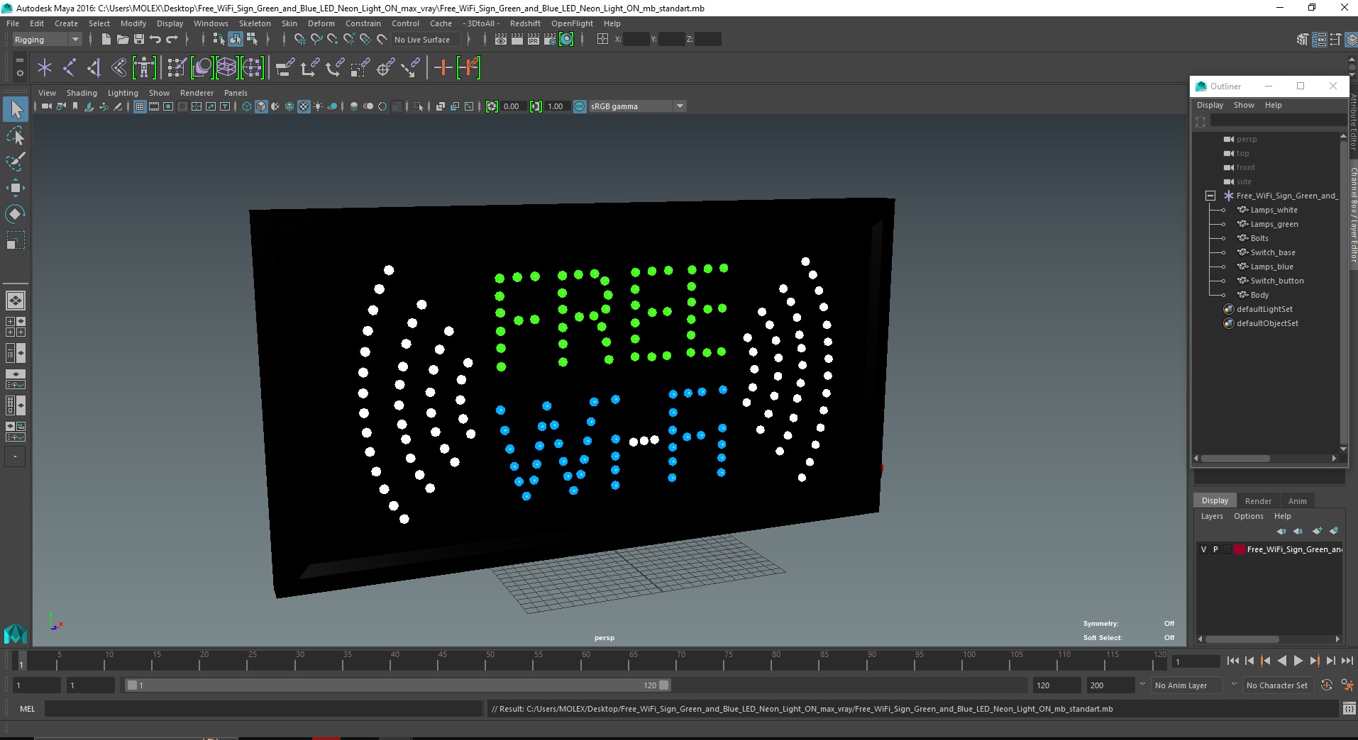 Free WiFi Sign Green and Blue LED Neon Light ON 3D