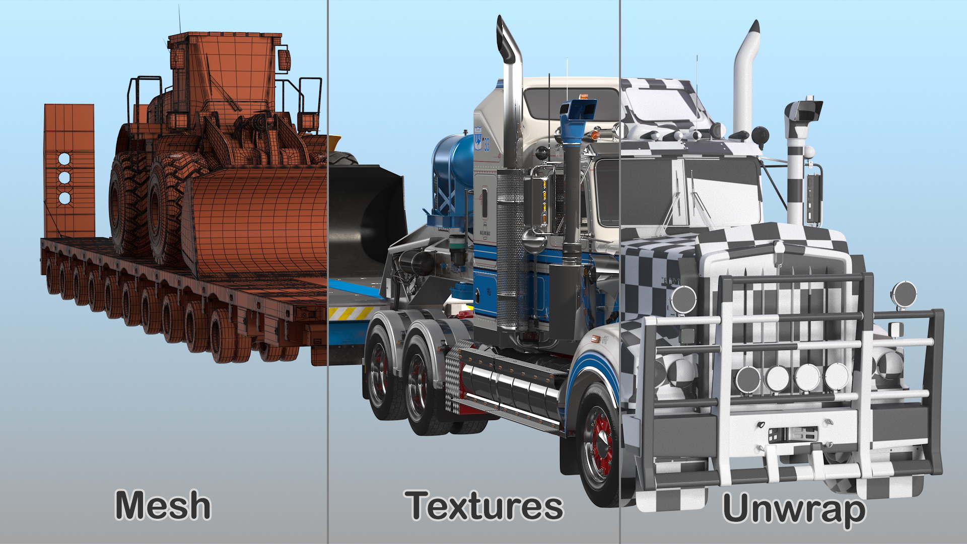 3D Kenworth T900 with Drake Steerable Trailer and Hyundai Loader