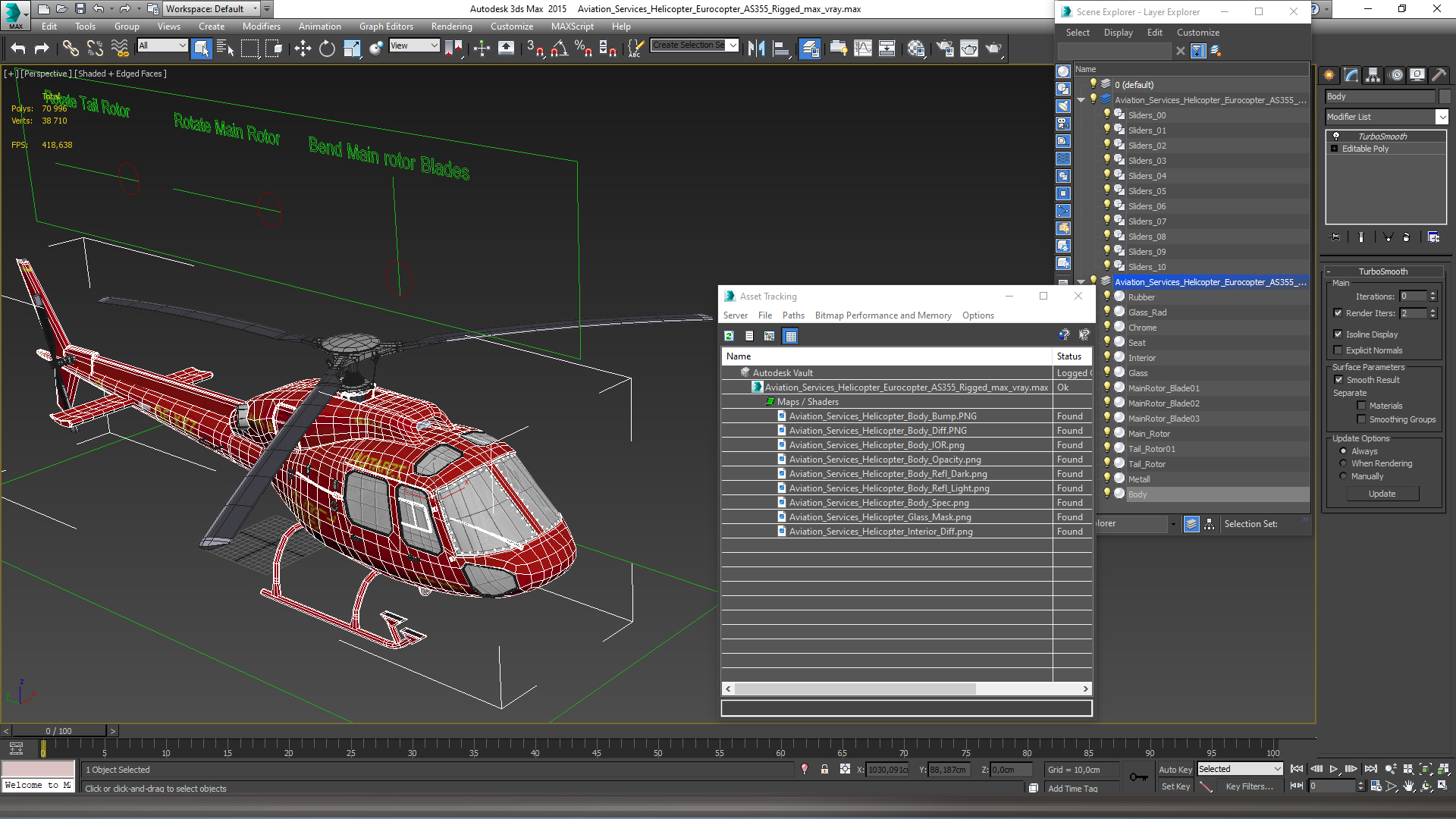 3D Aviation Services Helicopter Eurocopter AS355 Rigged for Maya
