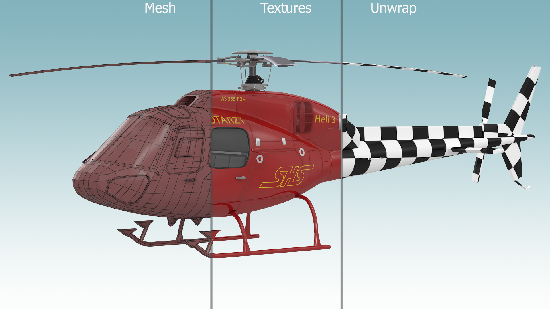 3D Aviation Services Helicopter Eurocopter AS355 Rigged for Maya