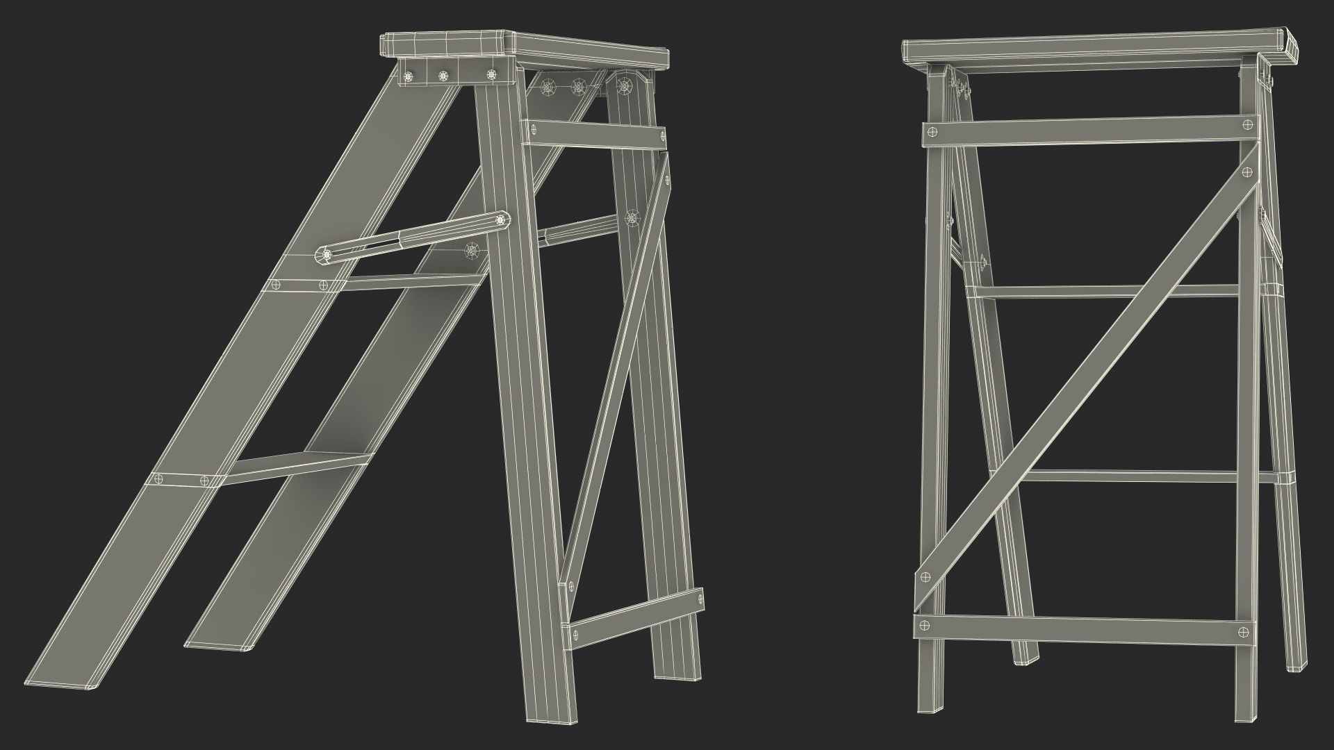 3D Vintage Wooden Step Ladder