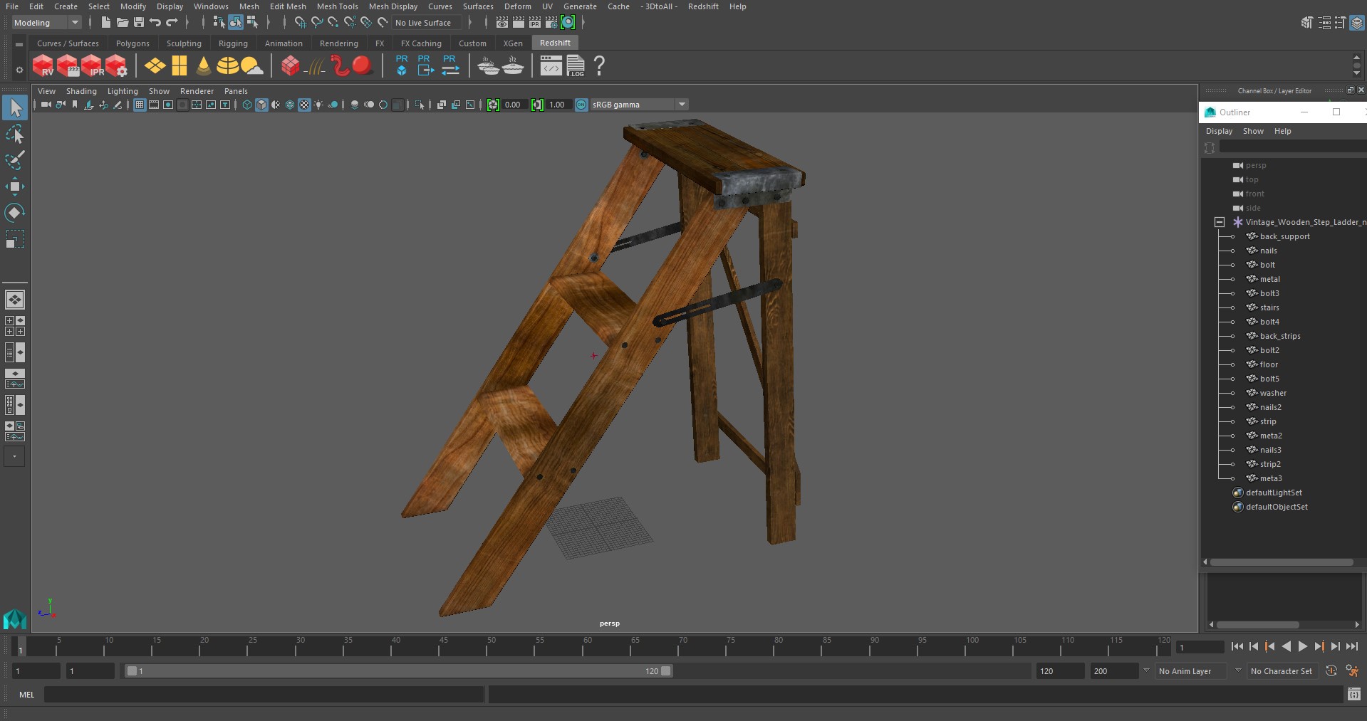 3D Vintage Wooden Step Ladder