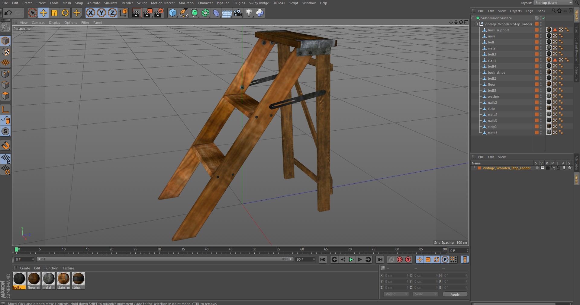 3D Vintage Wooden Step Ladder