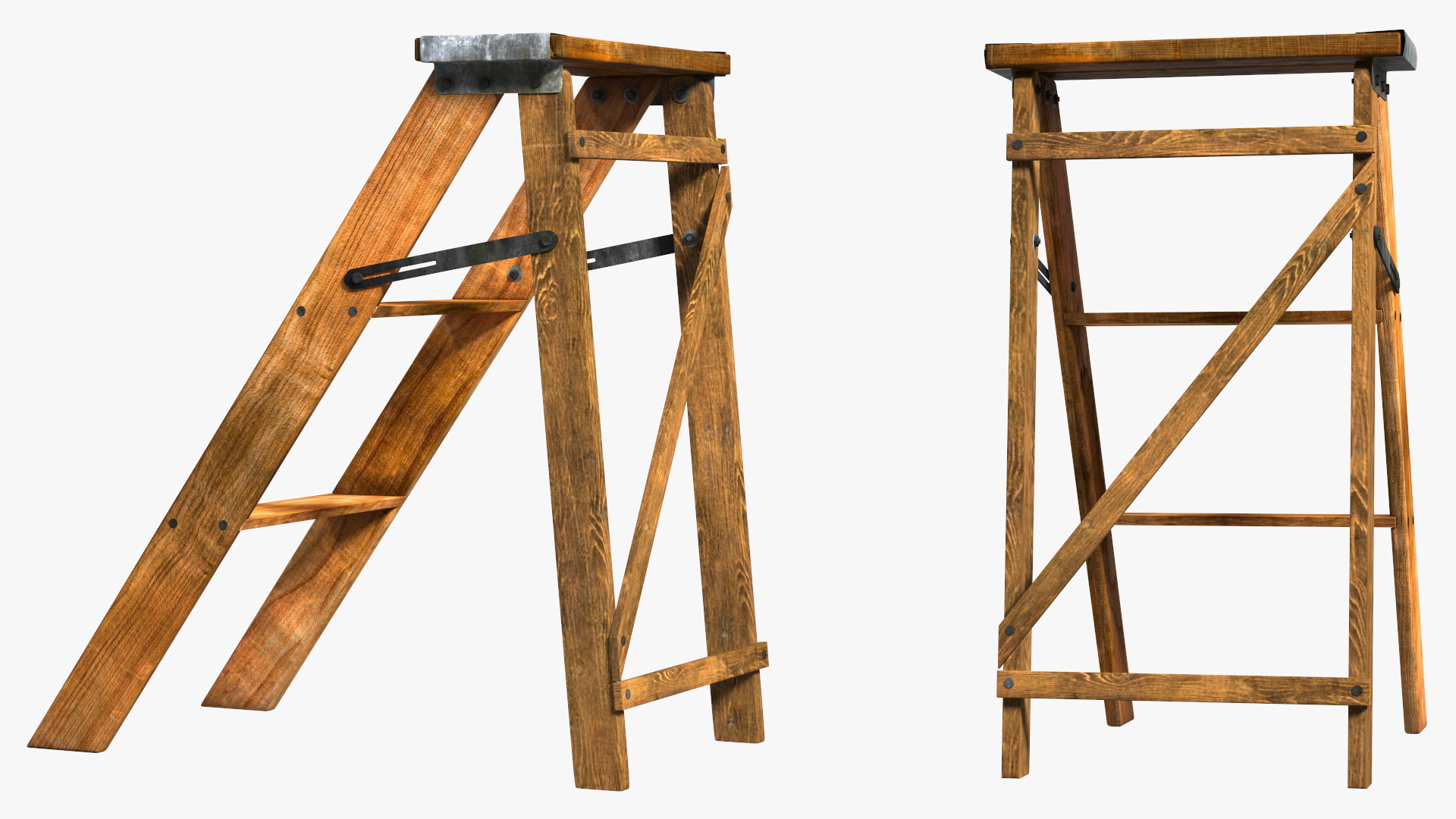 3D Vintage Wooden Step Ladder