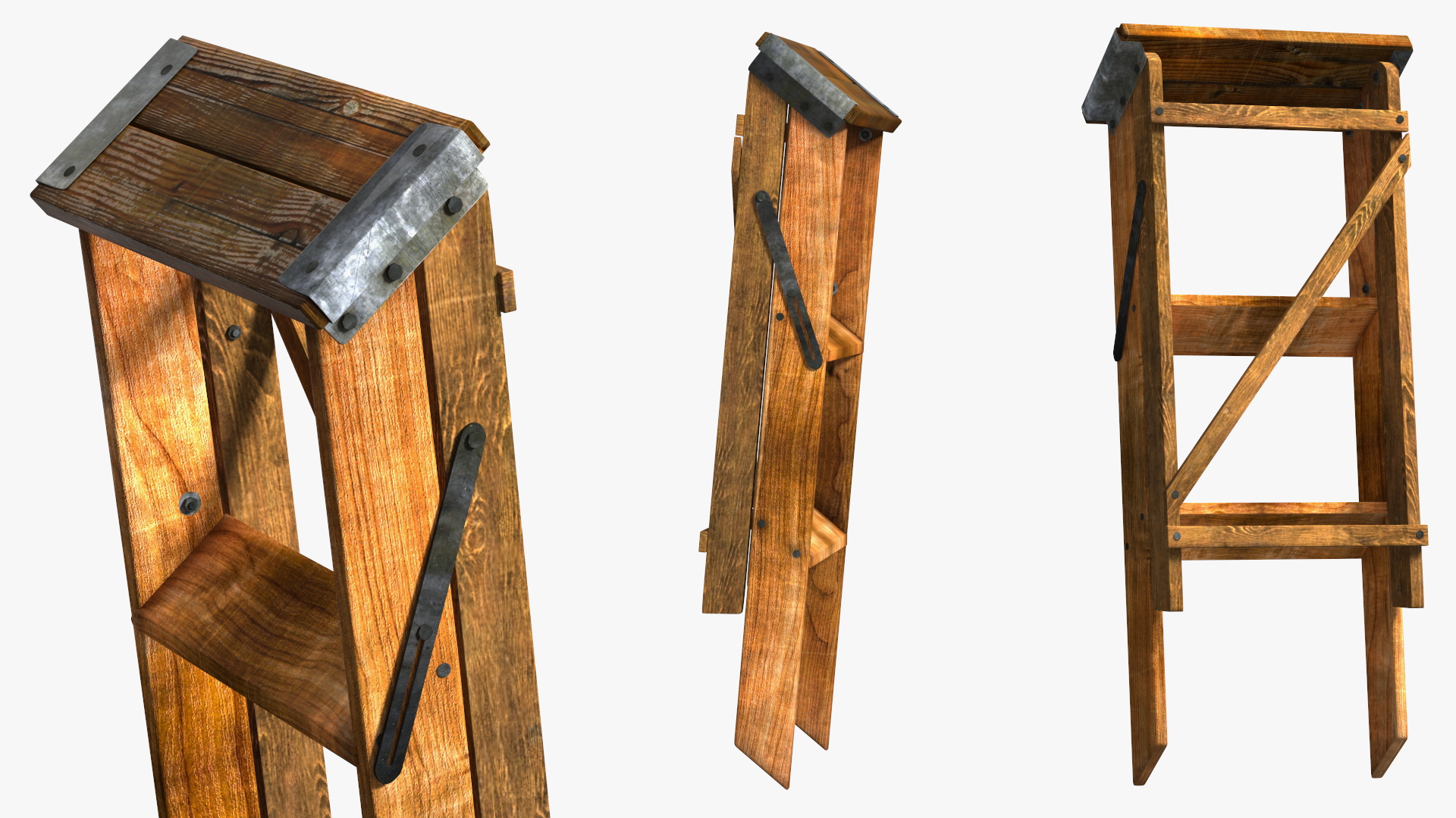 3D Vintage Wooden Step Ladder