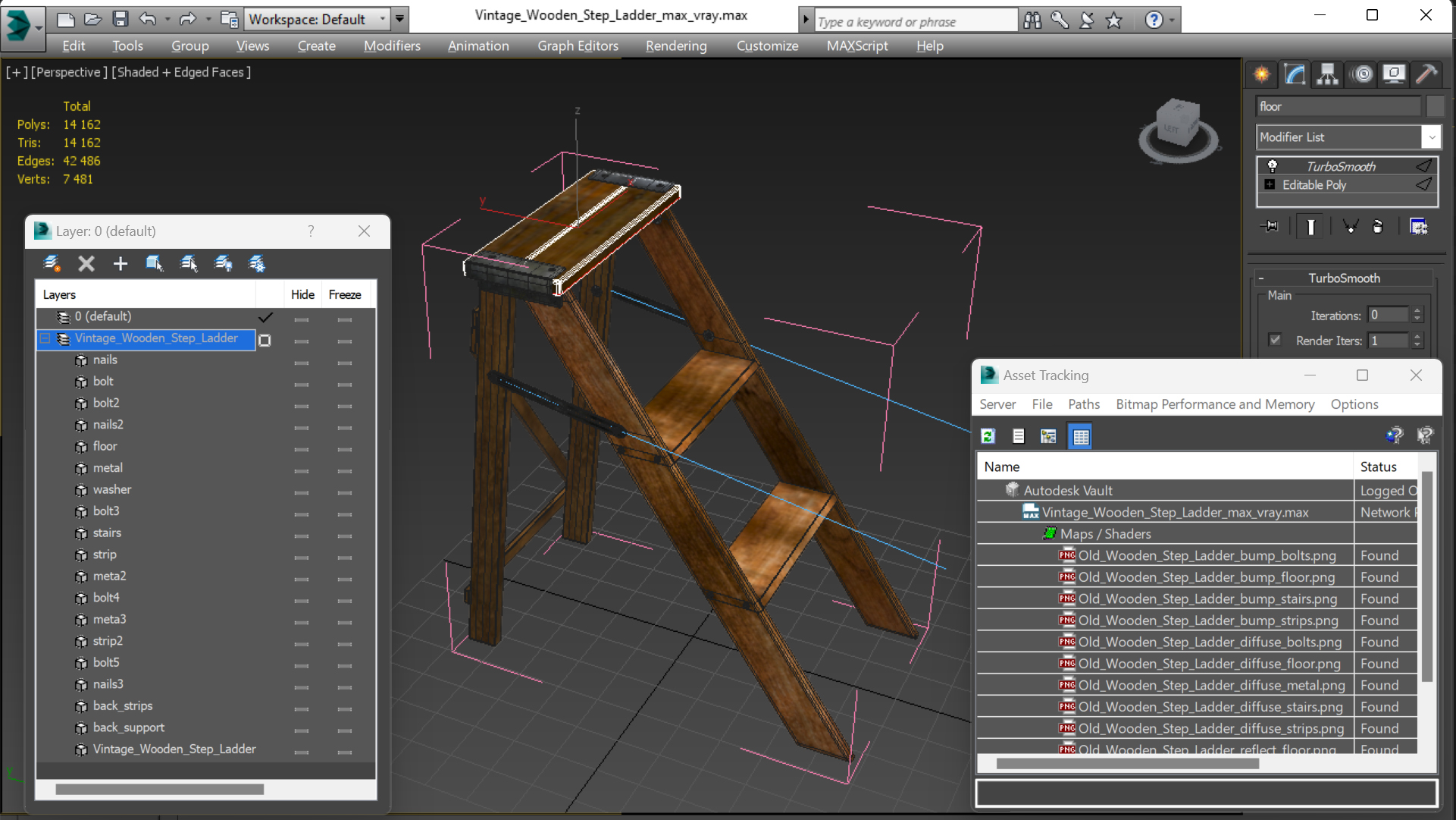 3D Vintage Wooden Step Ladder