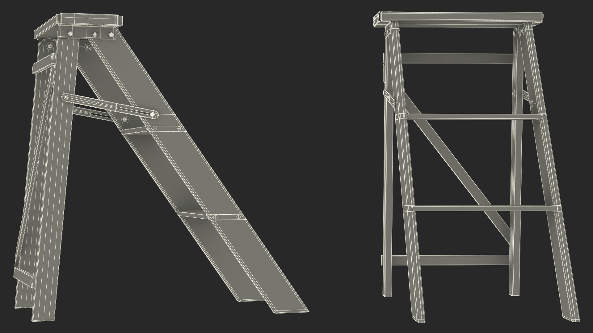 3D Vintage Wooden Step Ladder