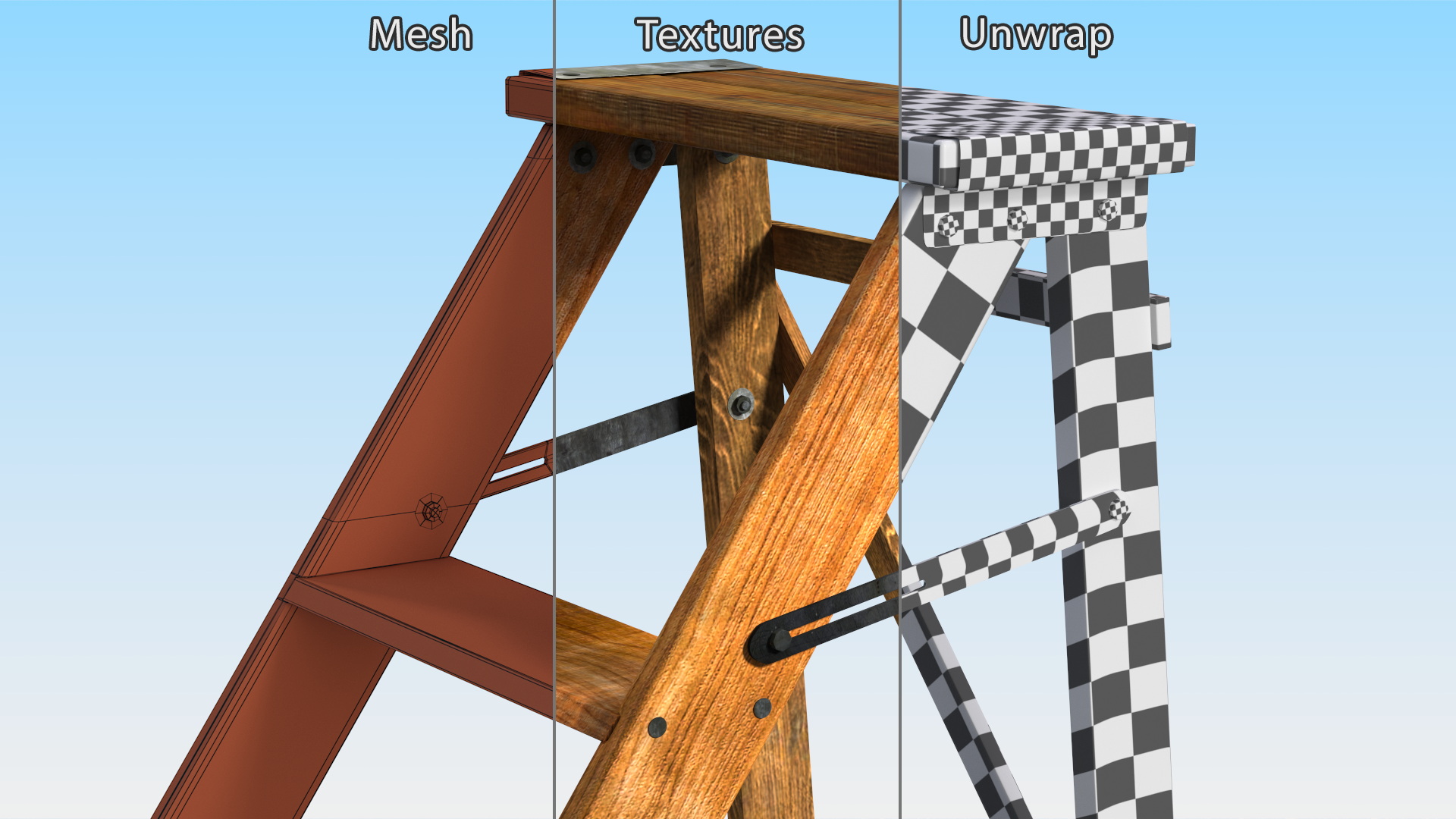 3D Vintage Wooden Step Ladder