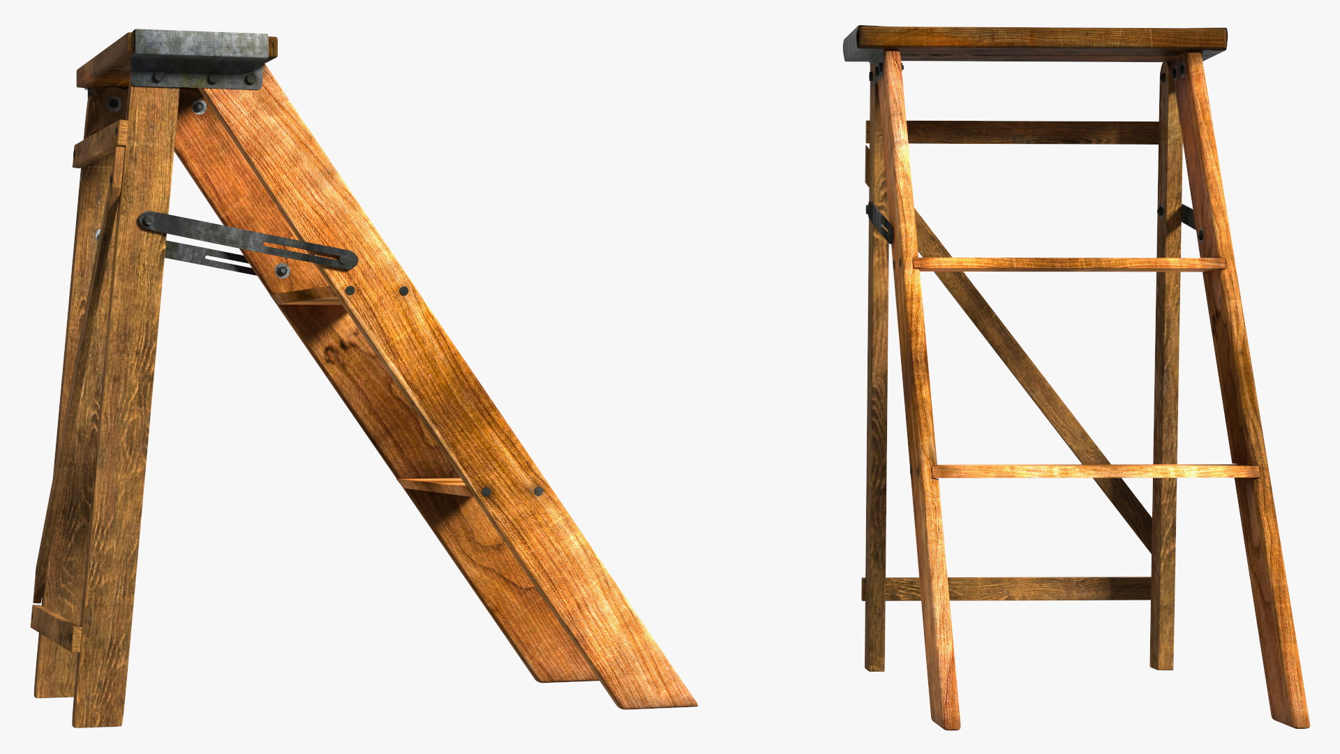 3D Vintage Wooden Step Ladder