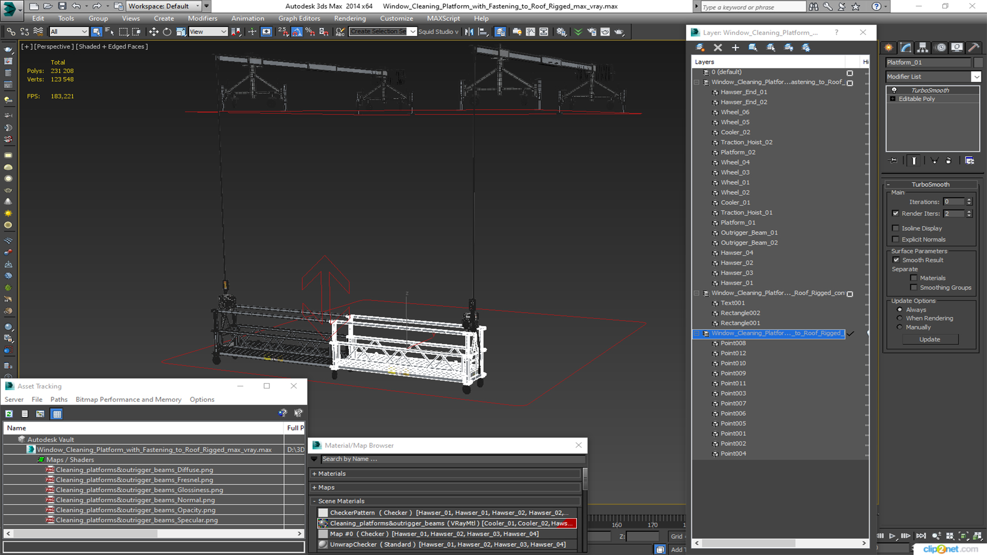 3D Window Cleaning Platform with Fastening to Roof Rigged for Cinema 4D model