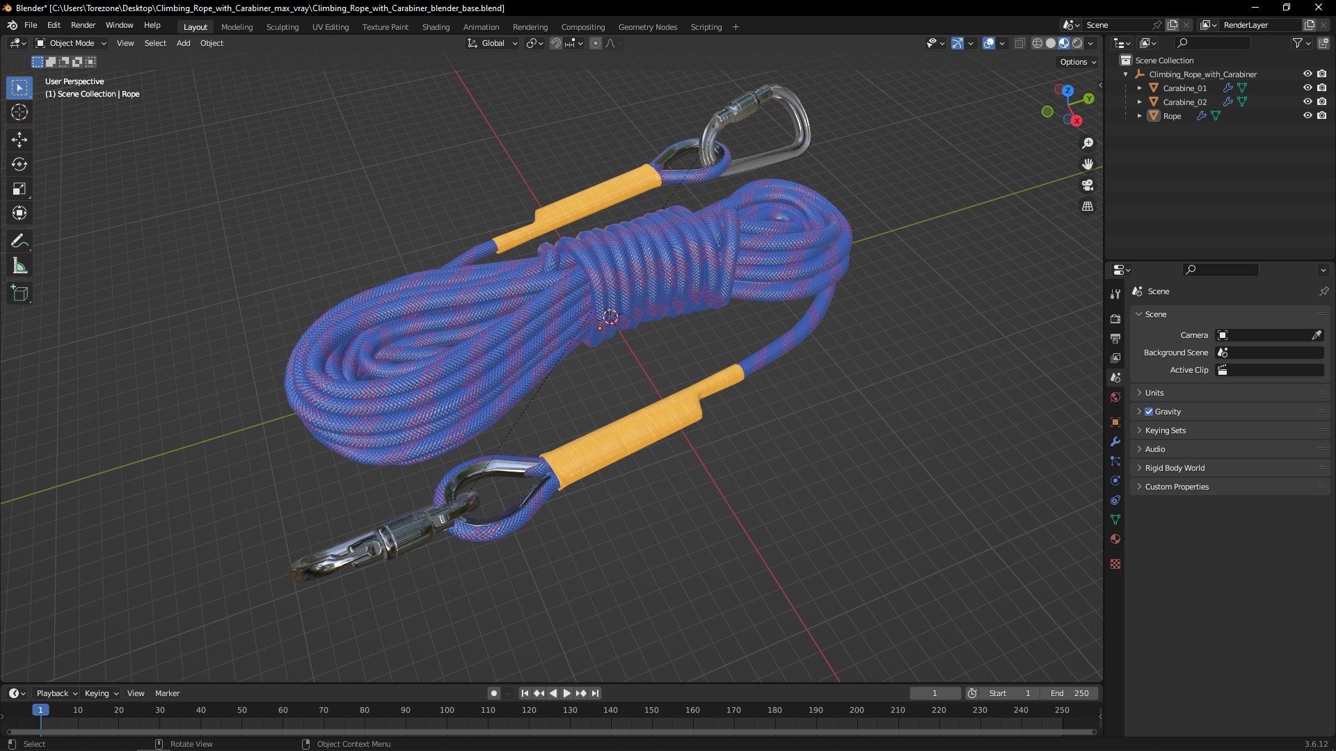 3D Climbing Rope with Carabiner model
