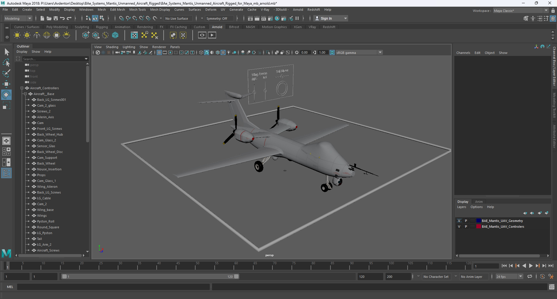 BAe Systems Mantis Unmanned Aircraft Rigged for Maya 3D