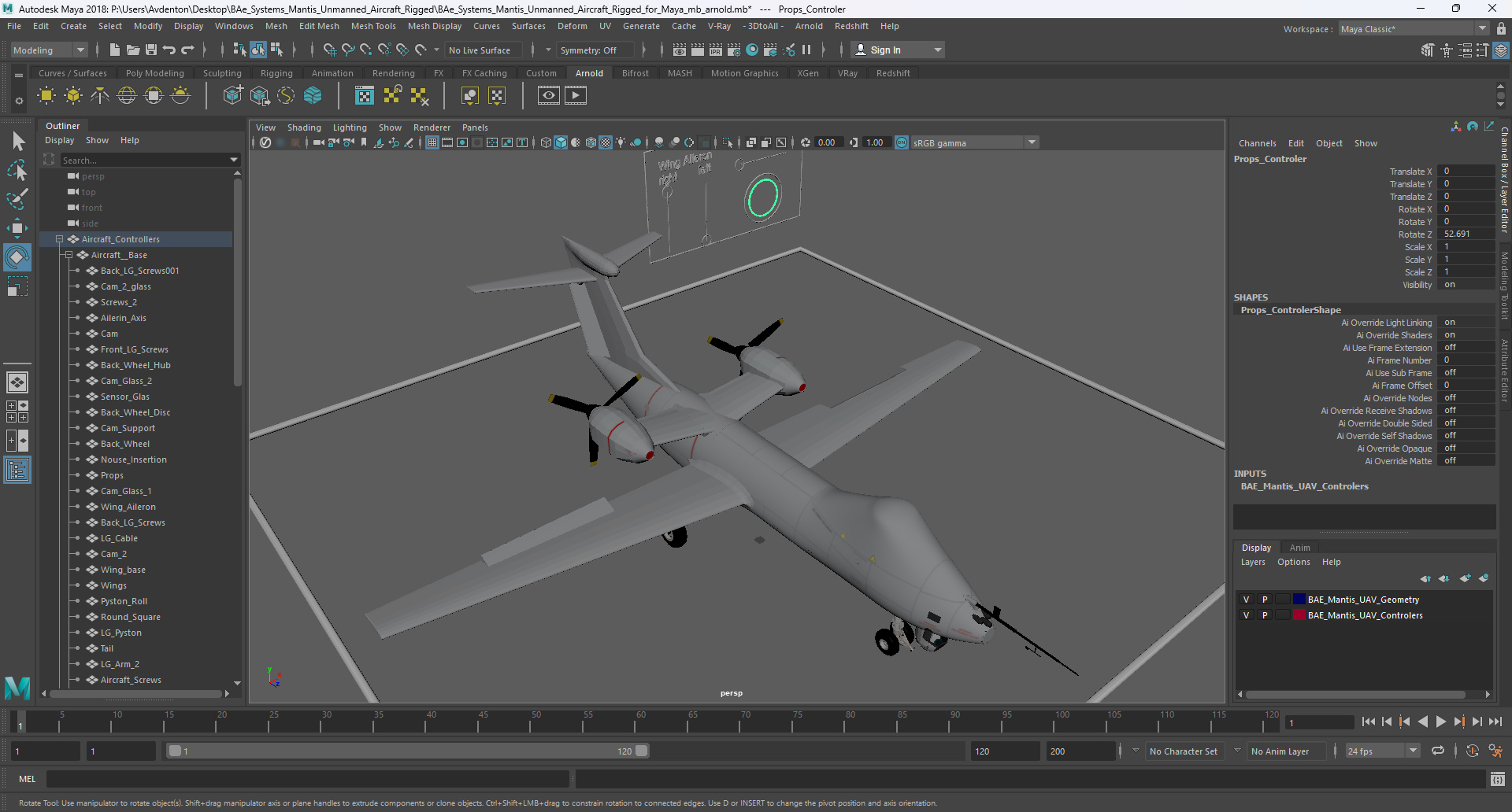BAe Systems Mantis Unmanned Aircraft Rigged for Maya 3D