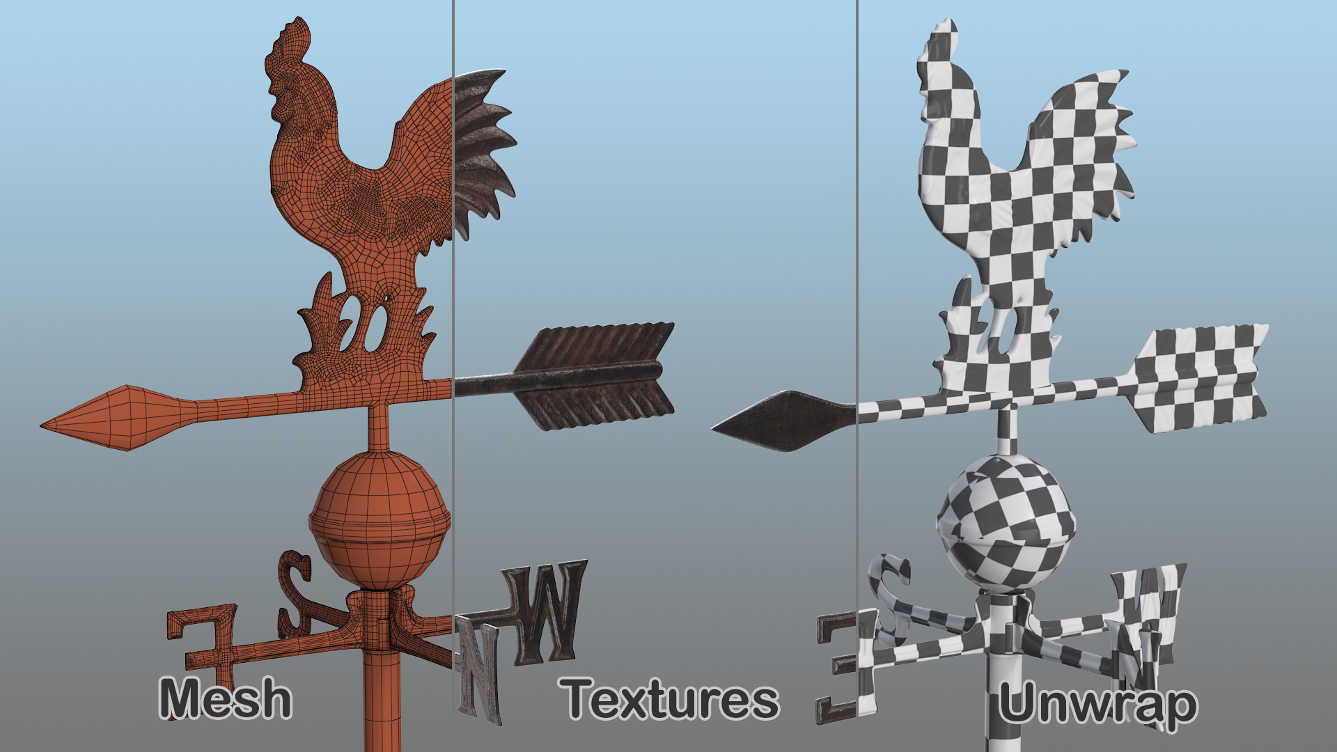 Vintage Cast Iron Rooster Weathervane 3D