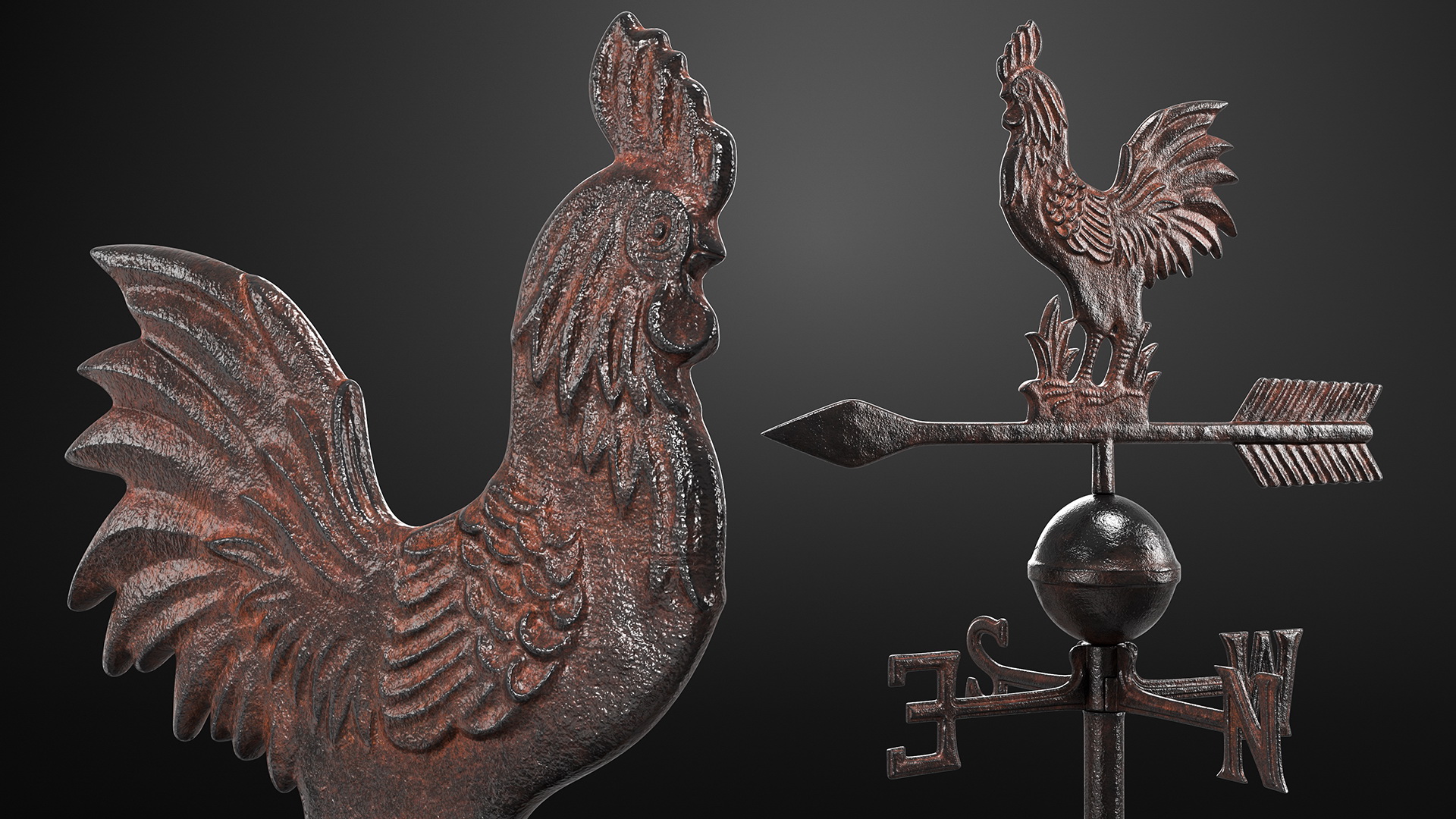 Vintage Cast Iron Rooster Weathervane 3D