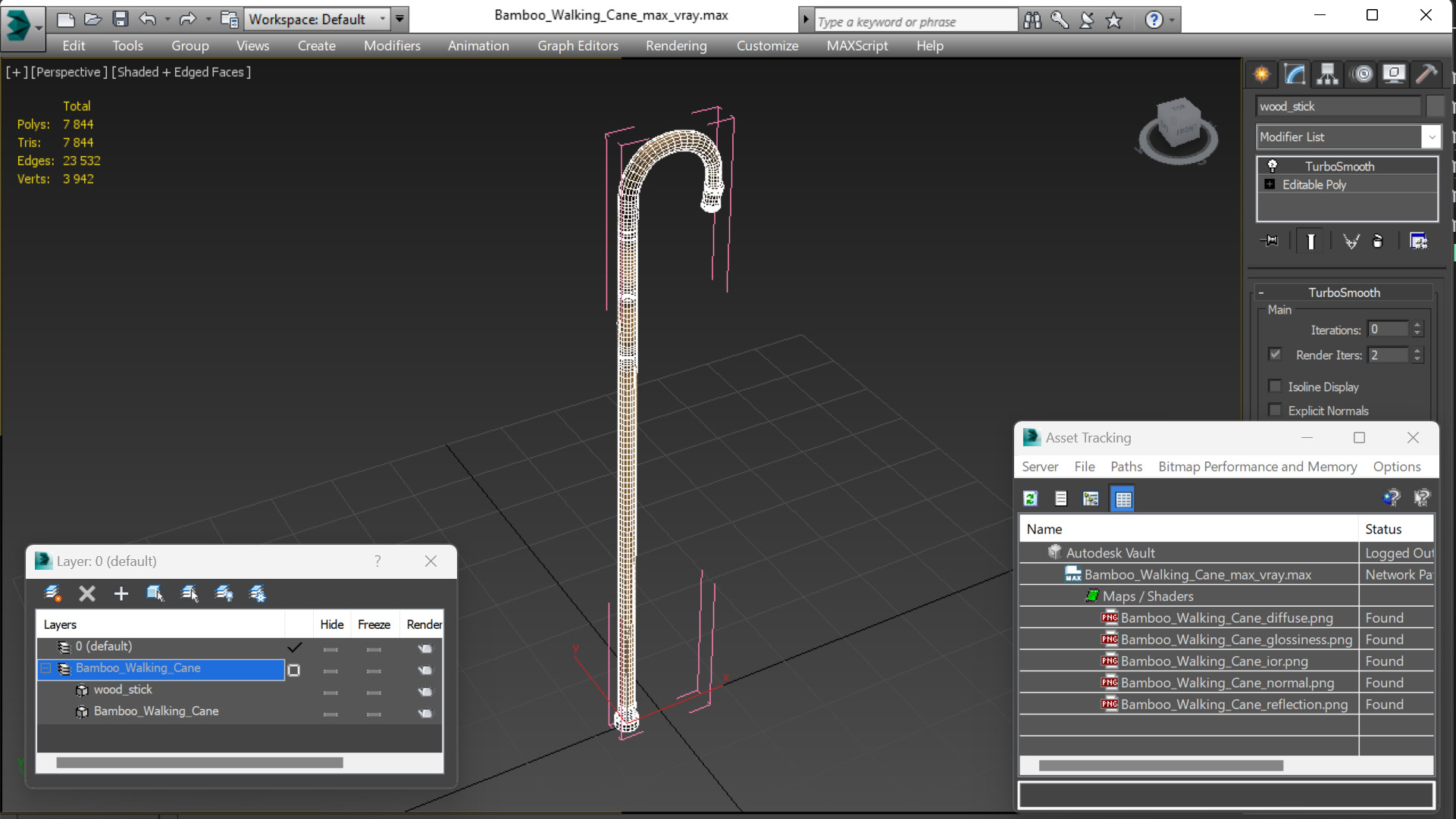 Bamboo Walking Cane 3D model