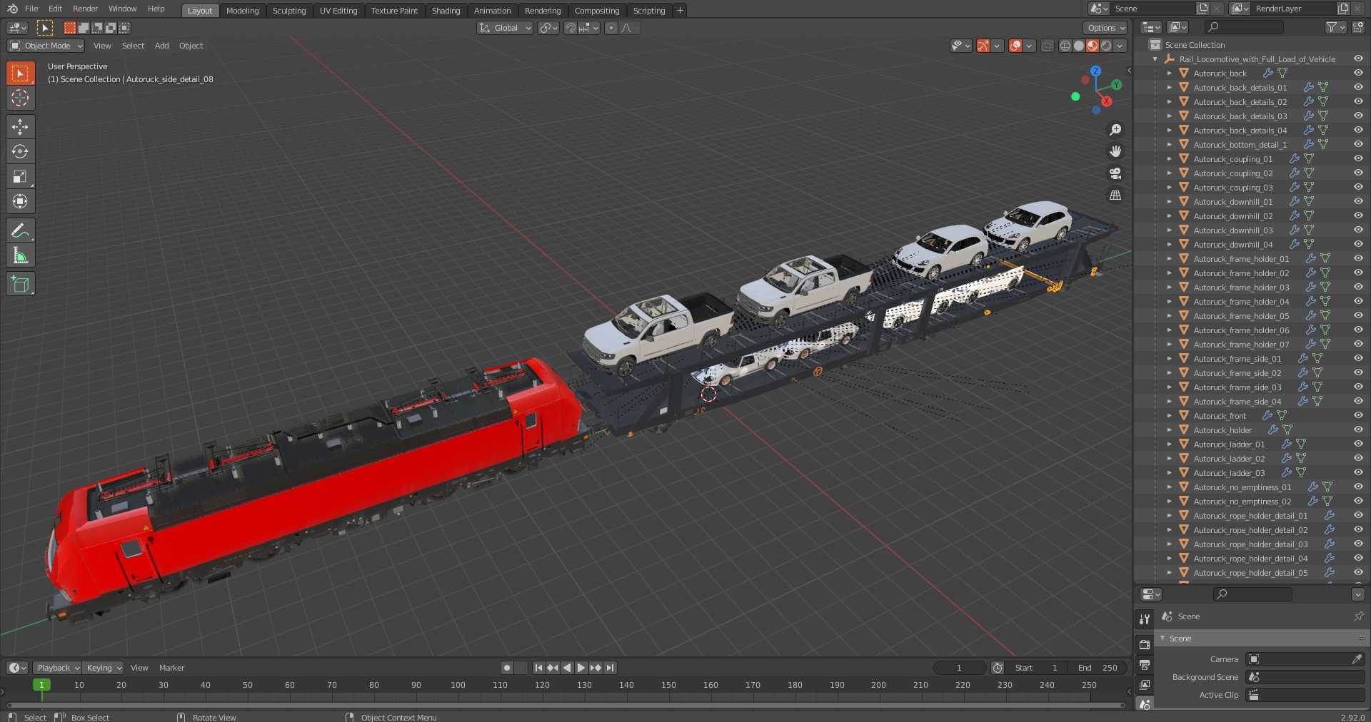 3D Rail Locomotive with Full Load of Vehicle Auto