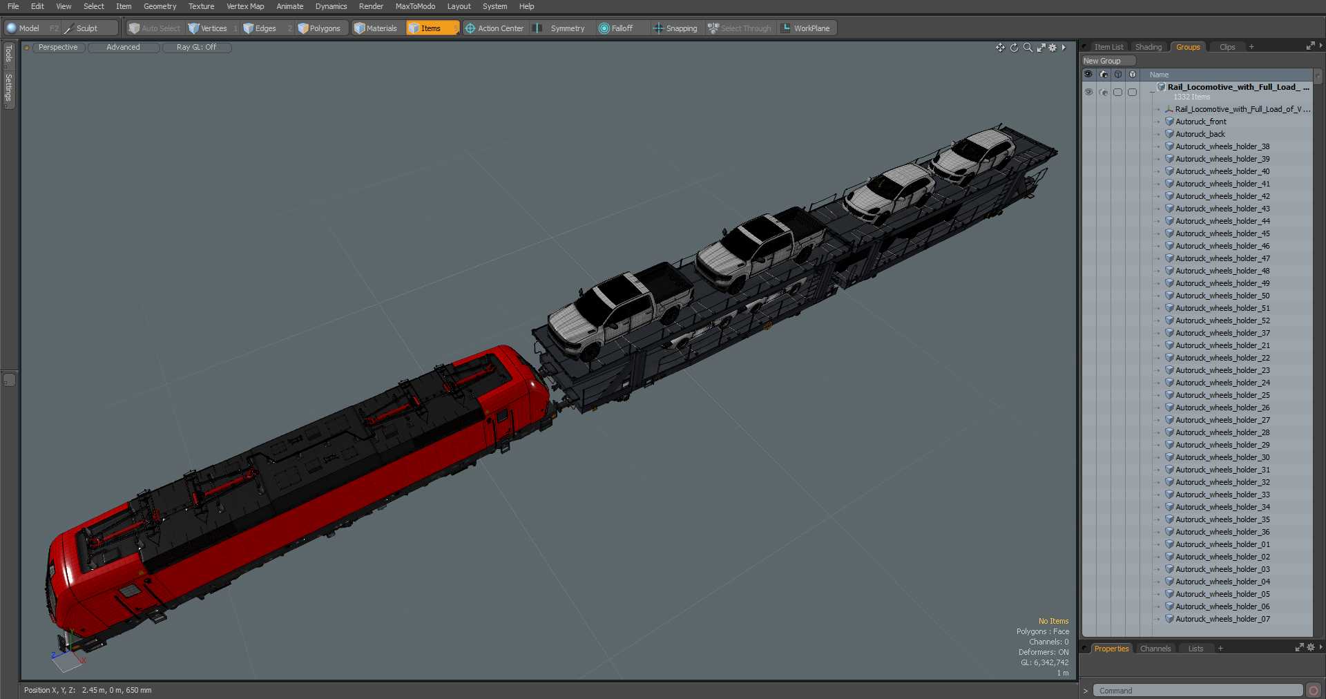3D Rail Locomotive with Full Load of Vehicle Auto