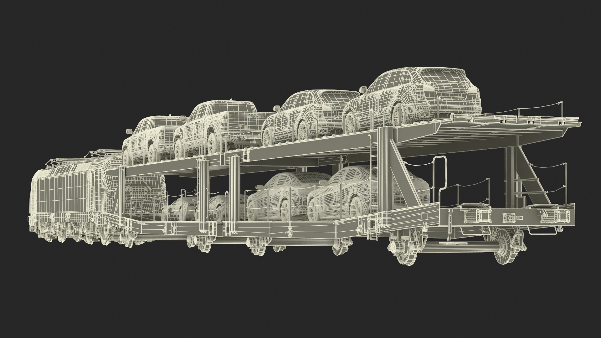 3D Rail Locomotive with Full Load of Vehicle Auto