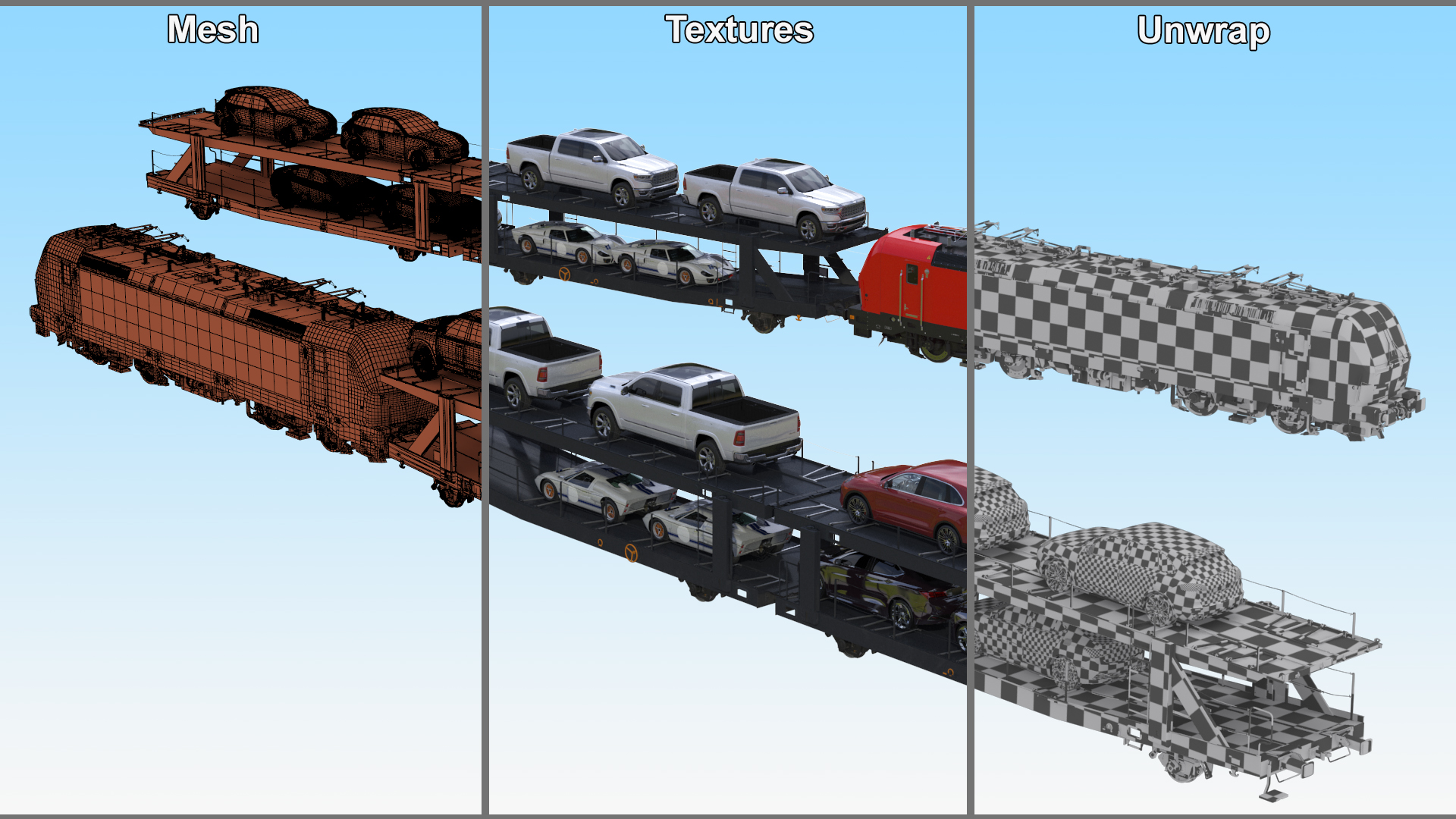 3D Rail Locomotive with Full Load of Vehicle Auto