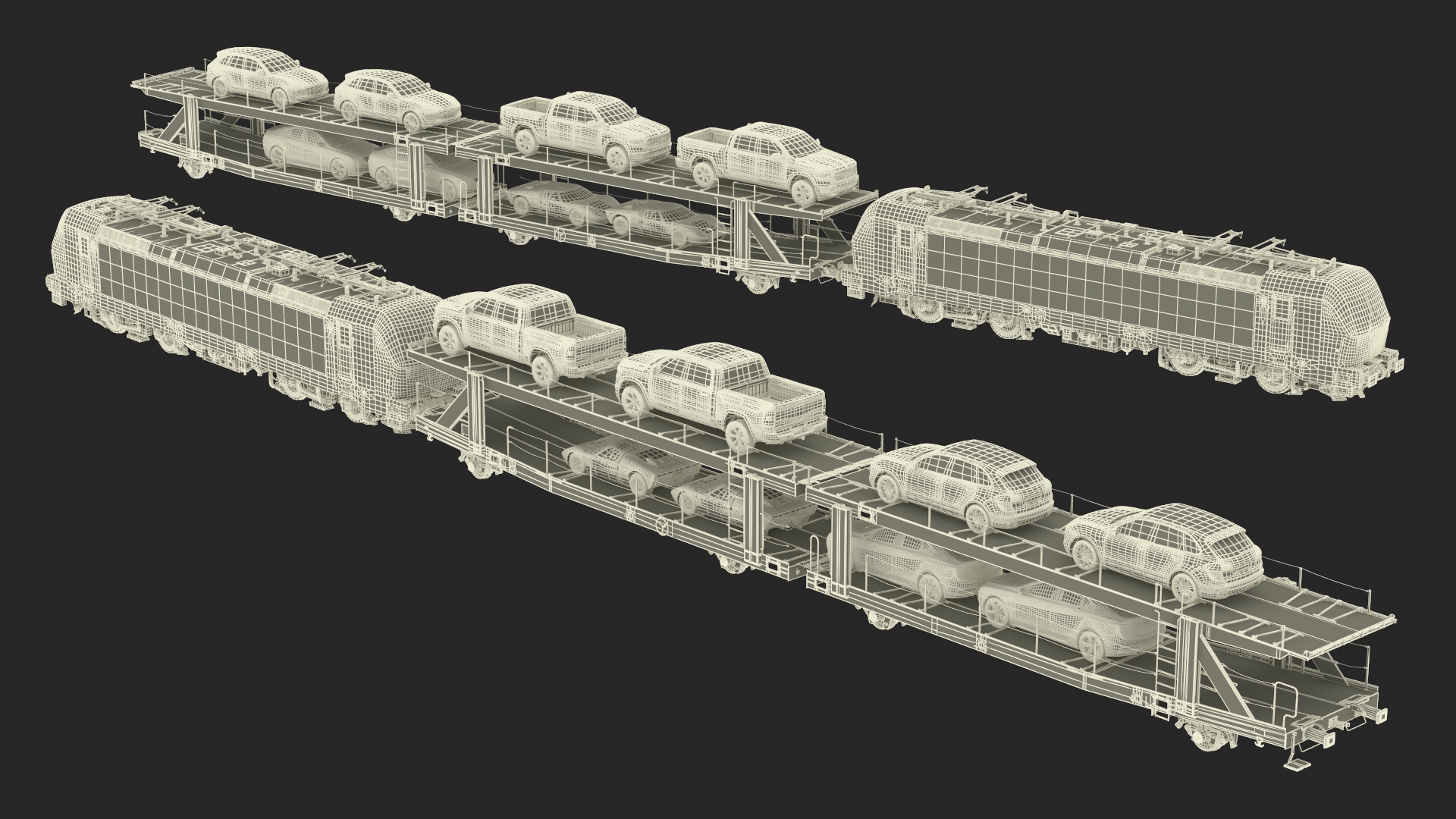 3D Rail Locomotive with Full Load of Vehicle Auto