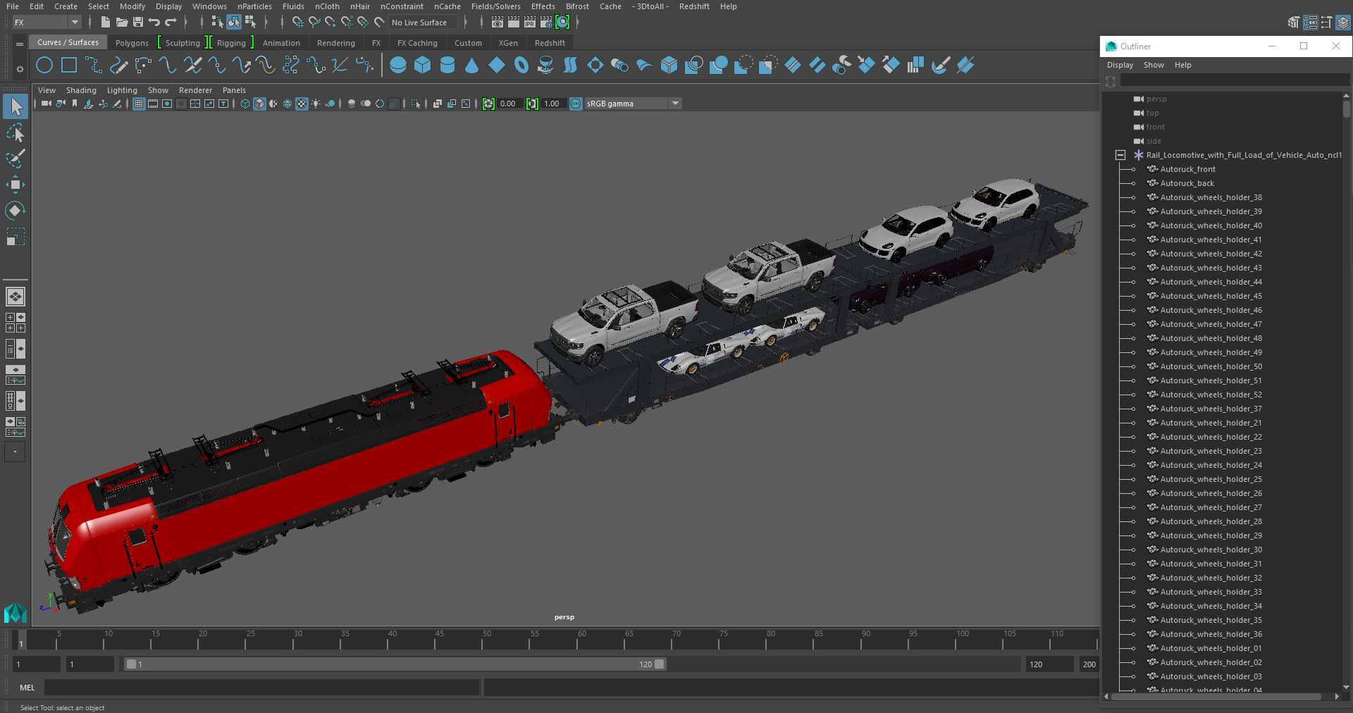 3D Rail Locomotive with Full Load of Vehicle Auto