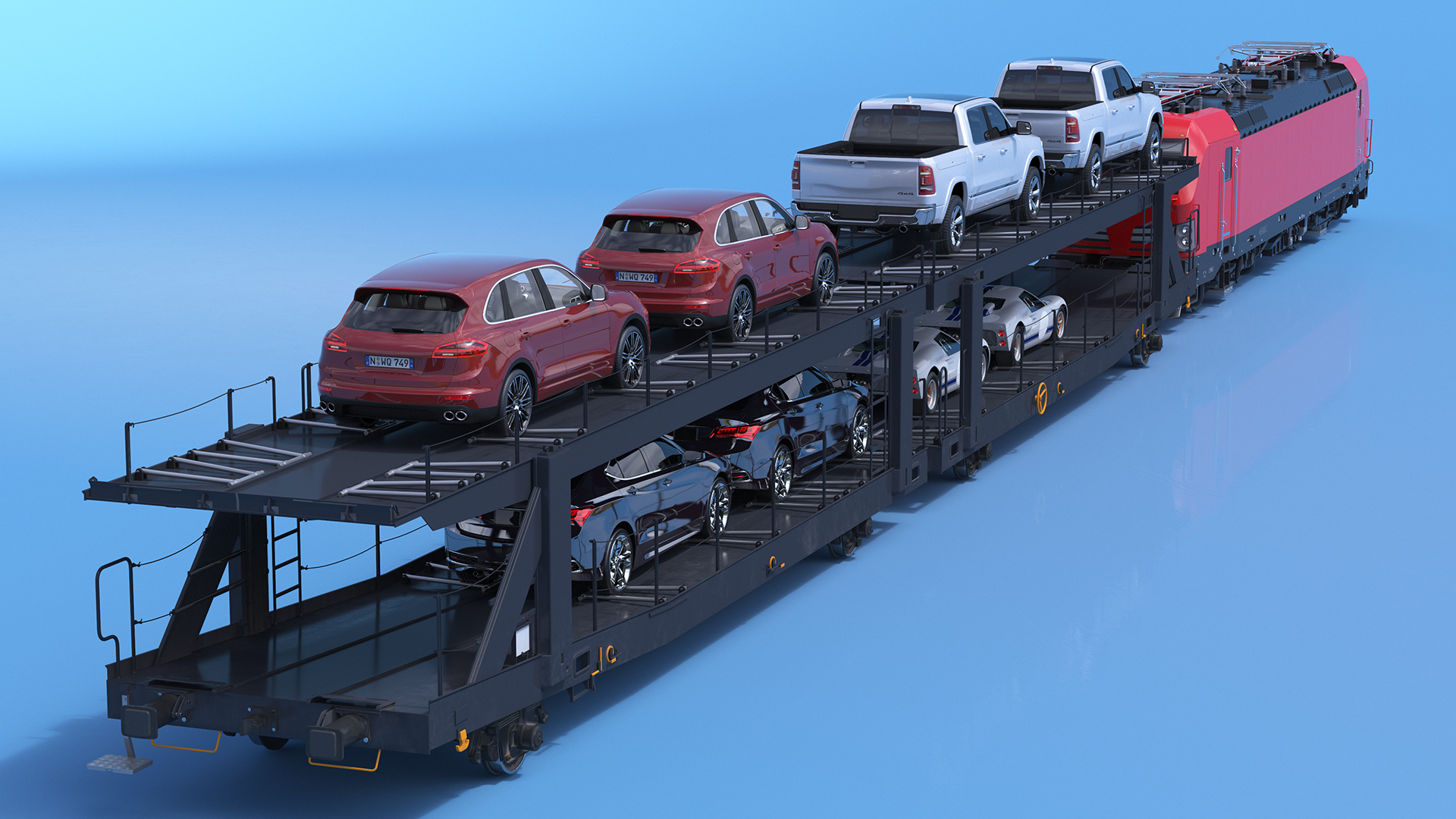 3D Rail Locomotive with Full Load of Vehicle Auto