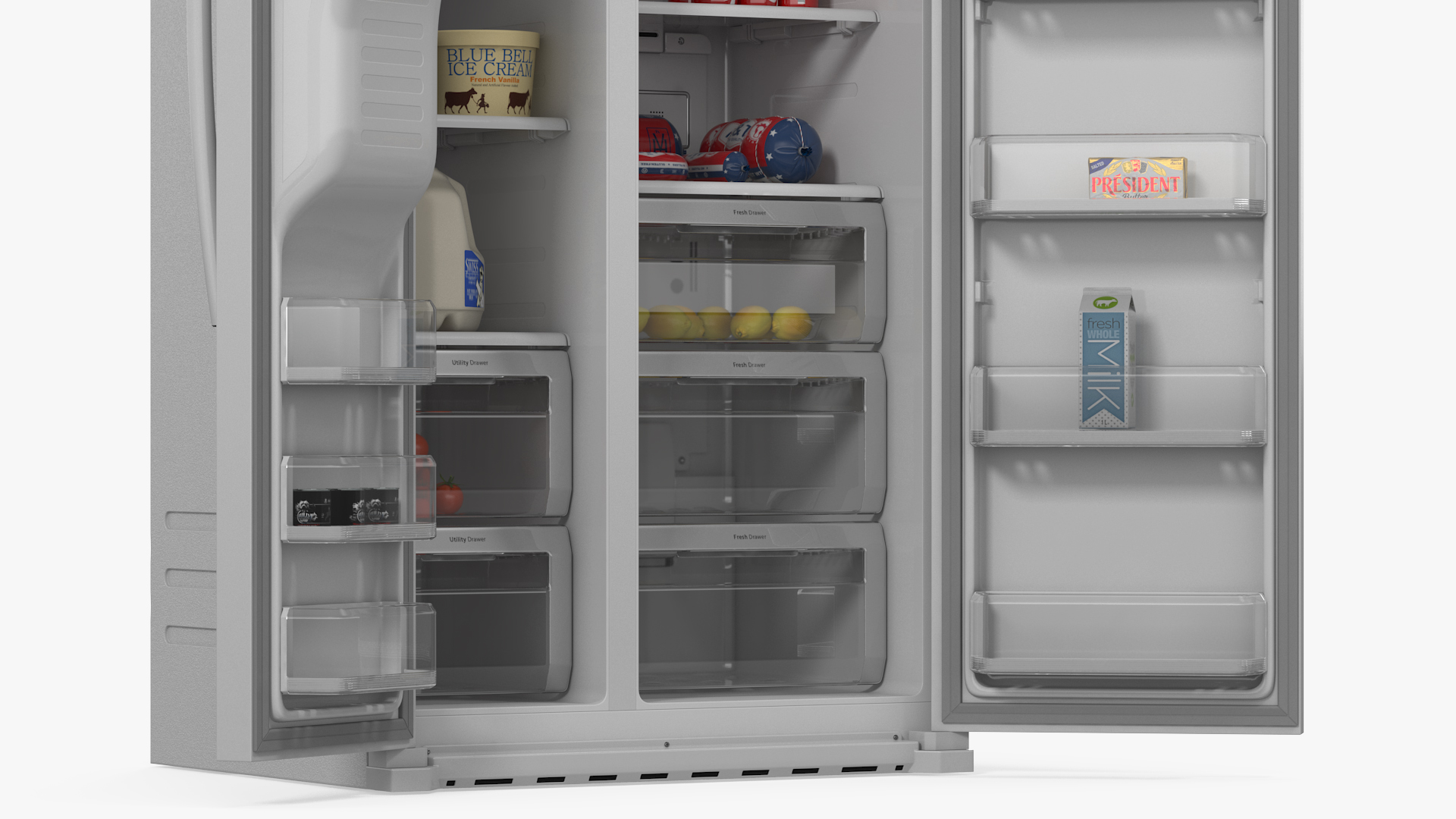3D model Side By Side Refrigerators Open with Products