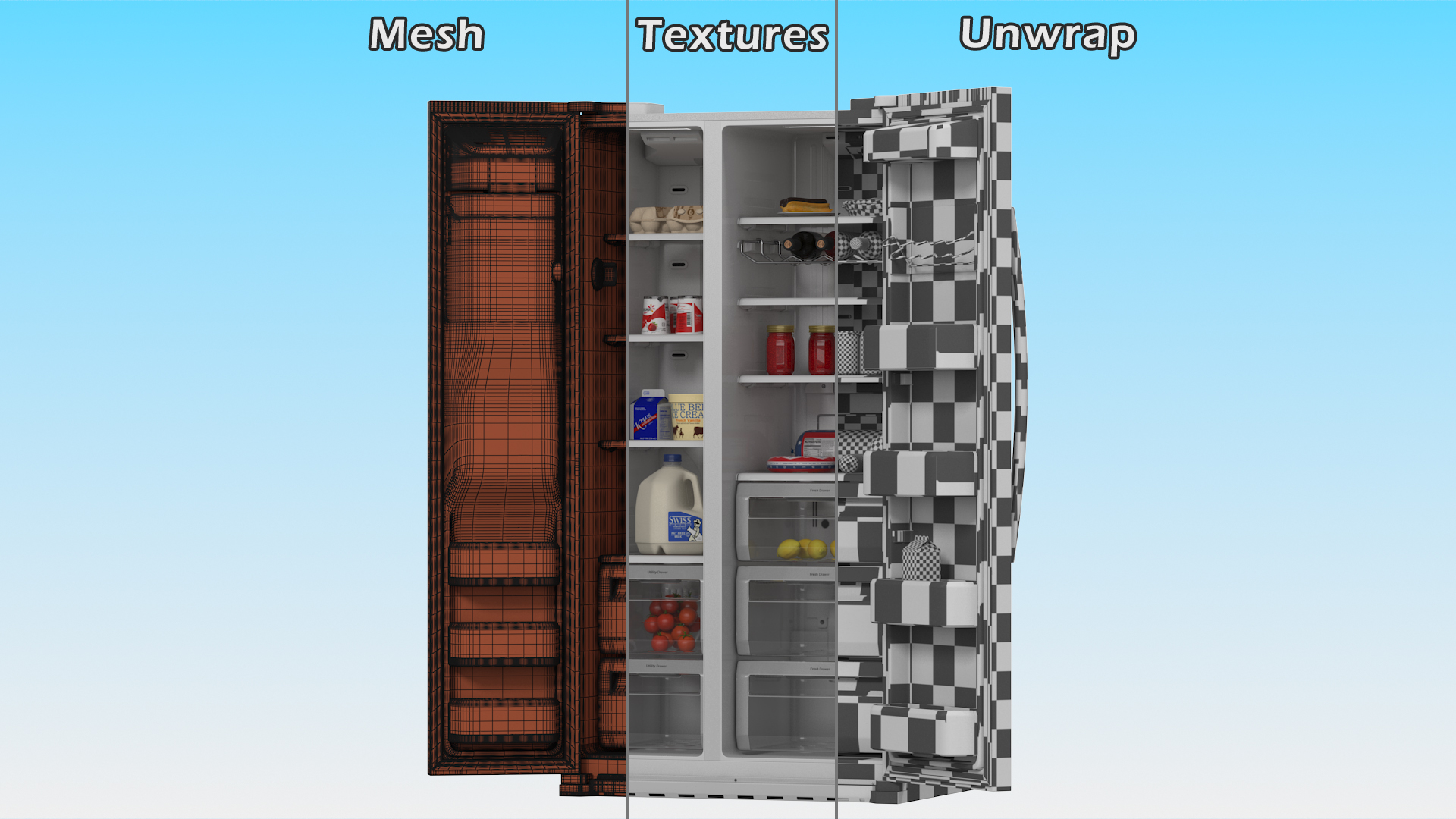 3D model Side By Side Refrigerators Open with Products