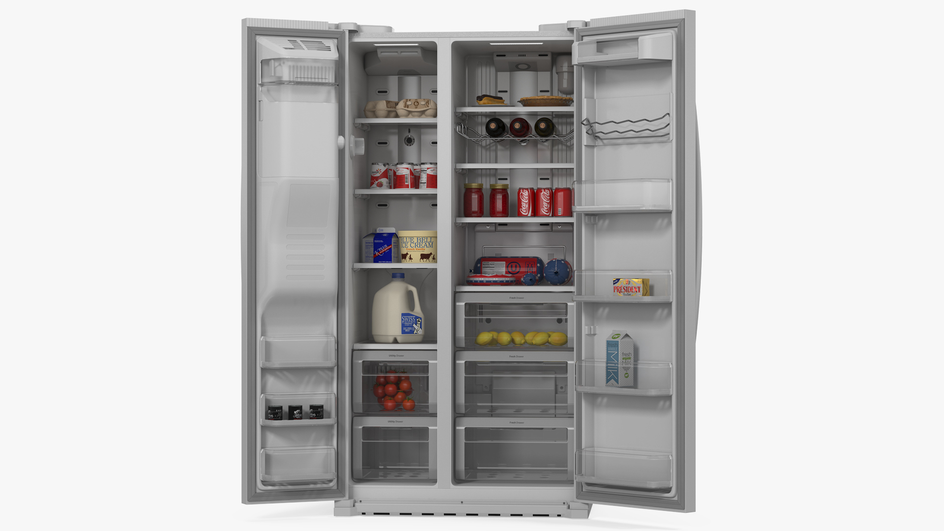 3D model Side By Side Refrigerators Open with Products