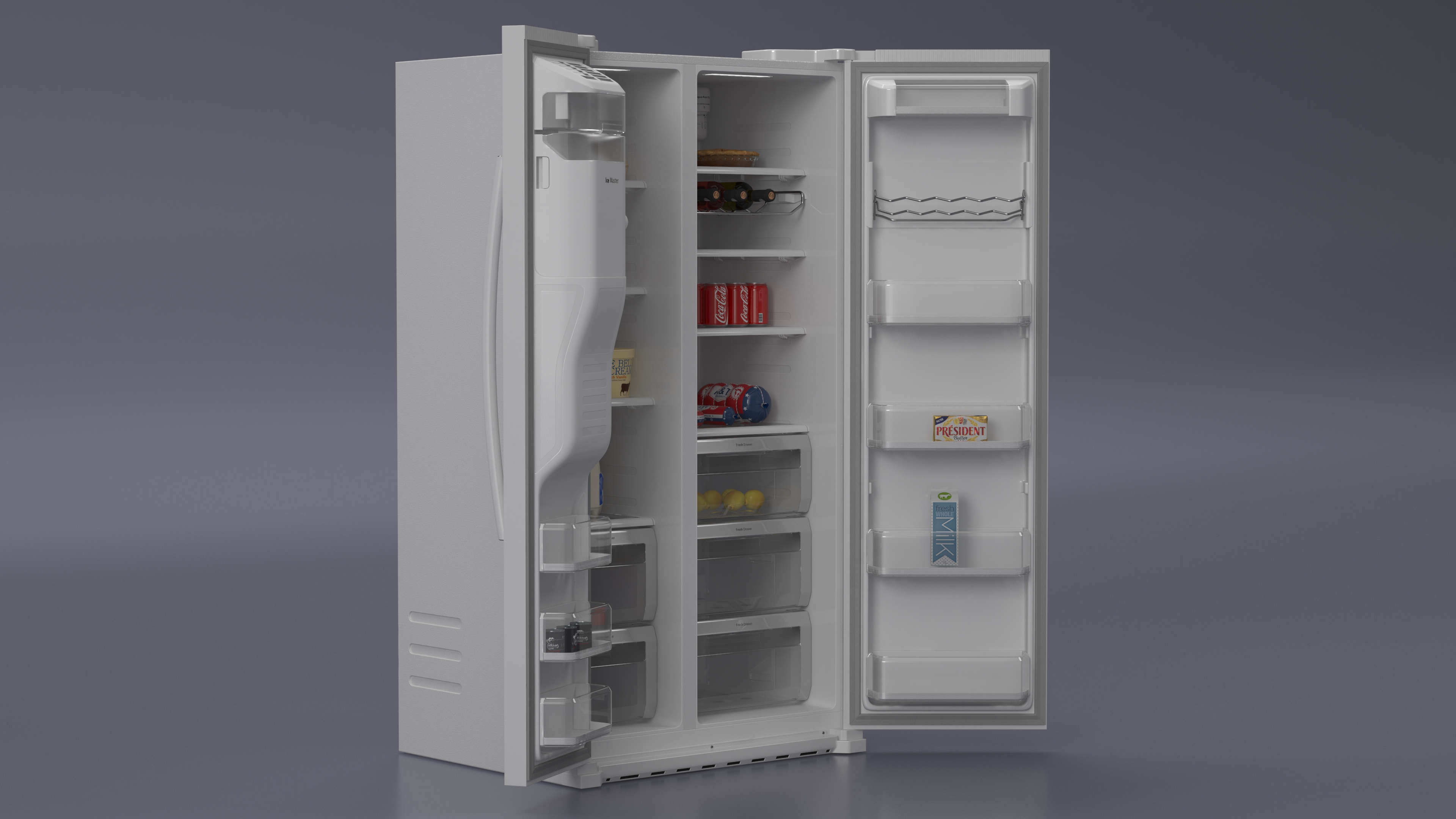3D model Side By Side Refrigerators Open with Products