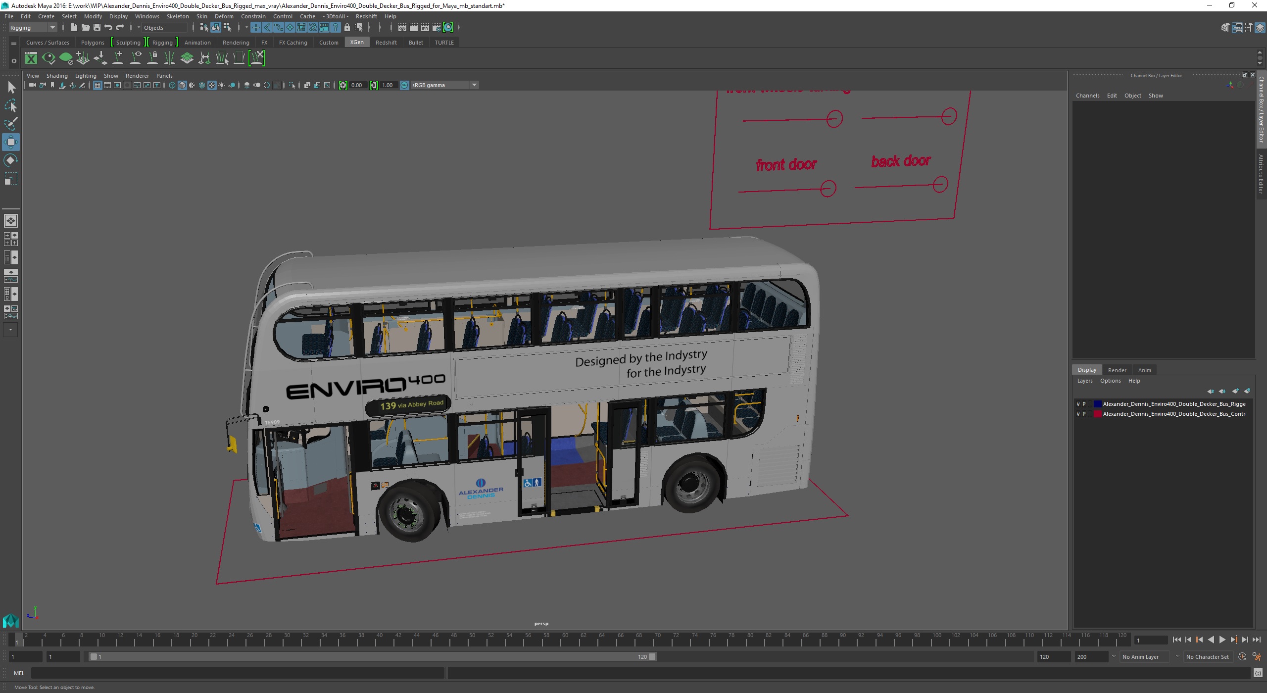 3D model Alexander Dennis Enviro400 Double Decker Bus Rigged for Maya